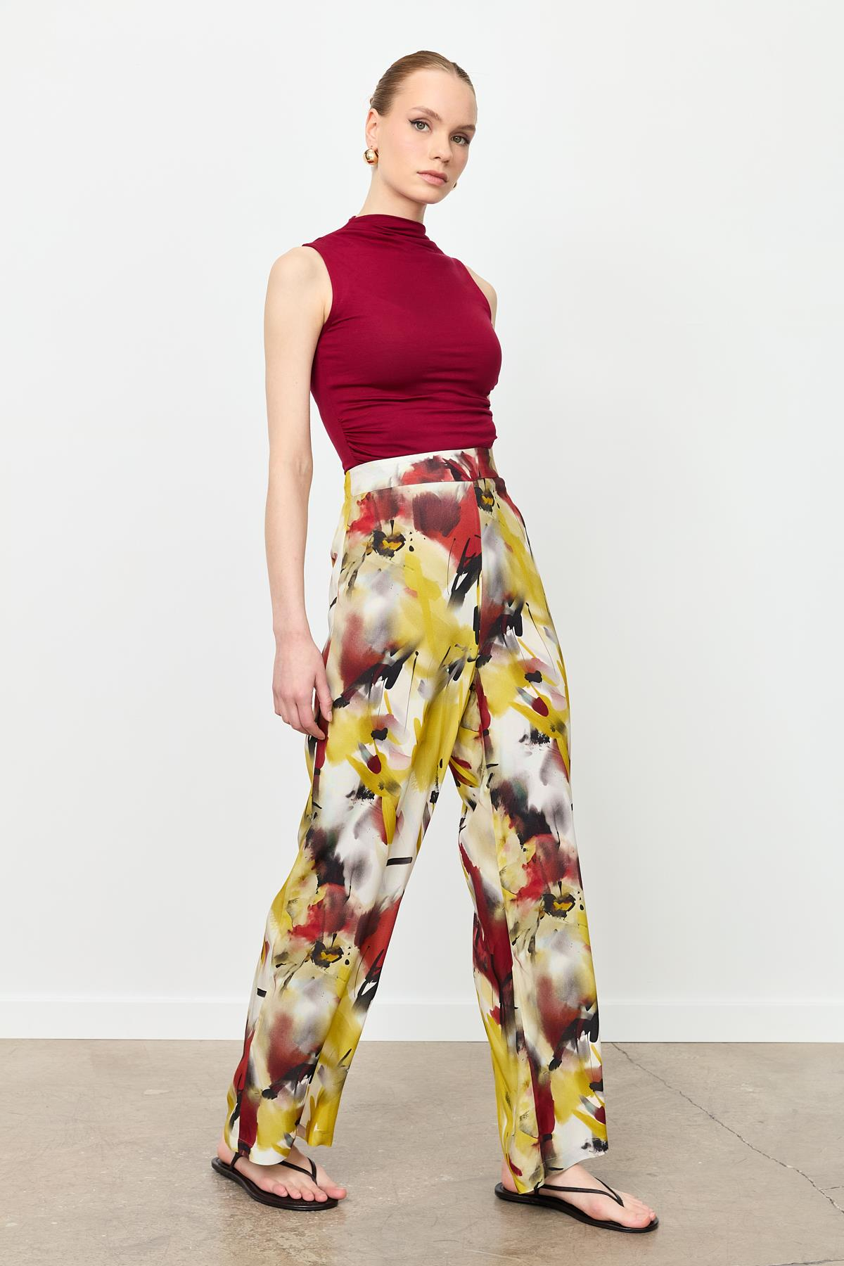 Baskılı Bol Paça Pantolon-SARI