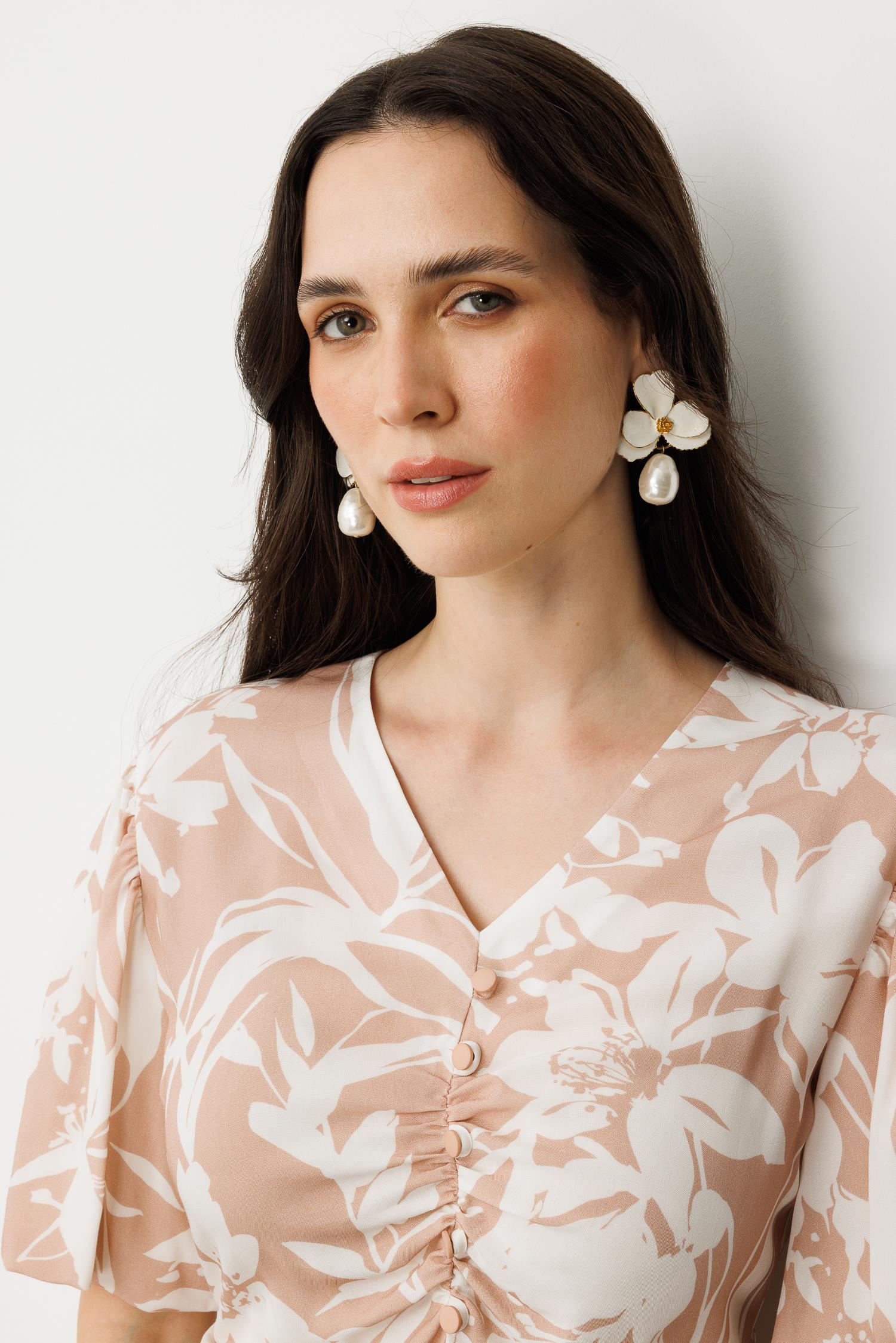 Baskılı Kuşaklı Viskon Elbise-PUDRA