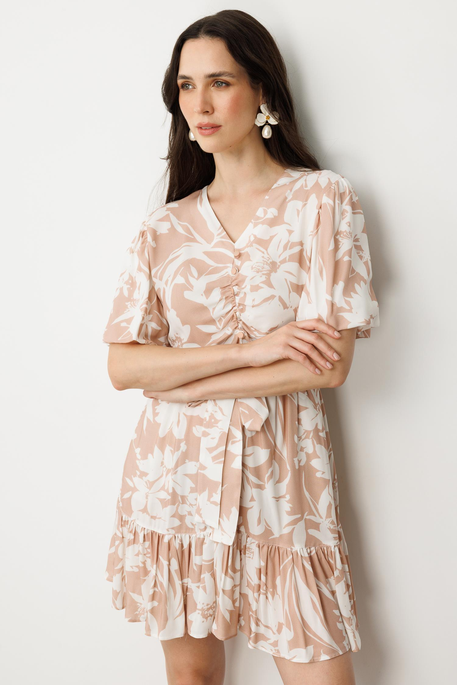 Baskılı Kuşaklı Viskon Elbise-PUDRA