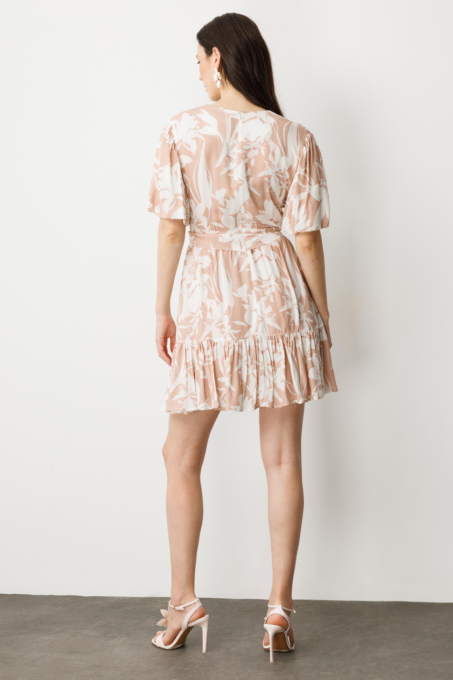 Baskılı Kuşaklı Viskon Elbise-PUDRA