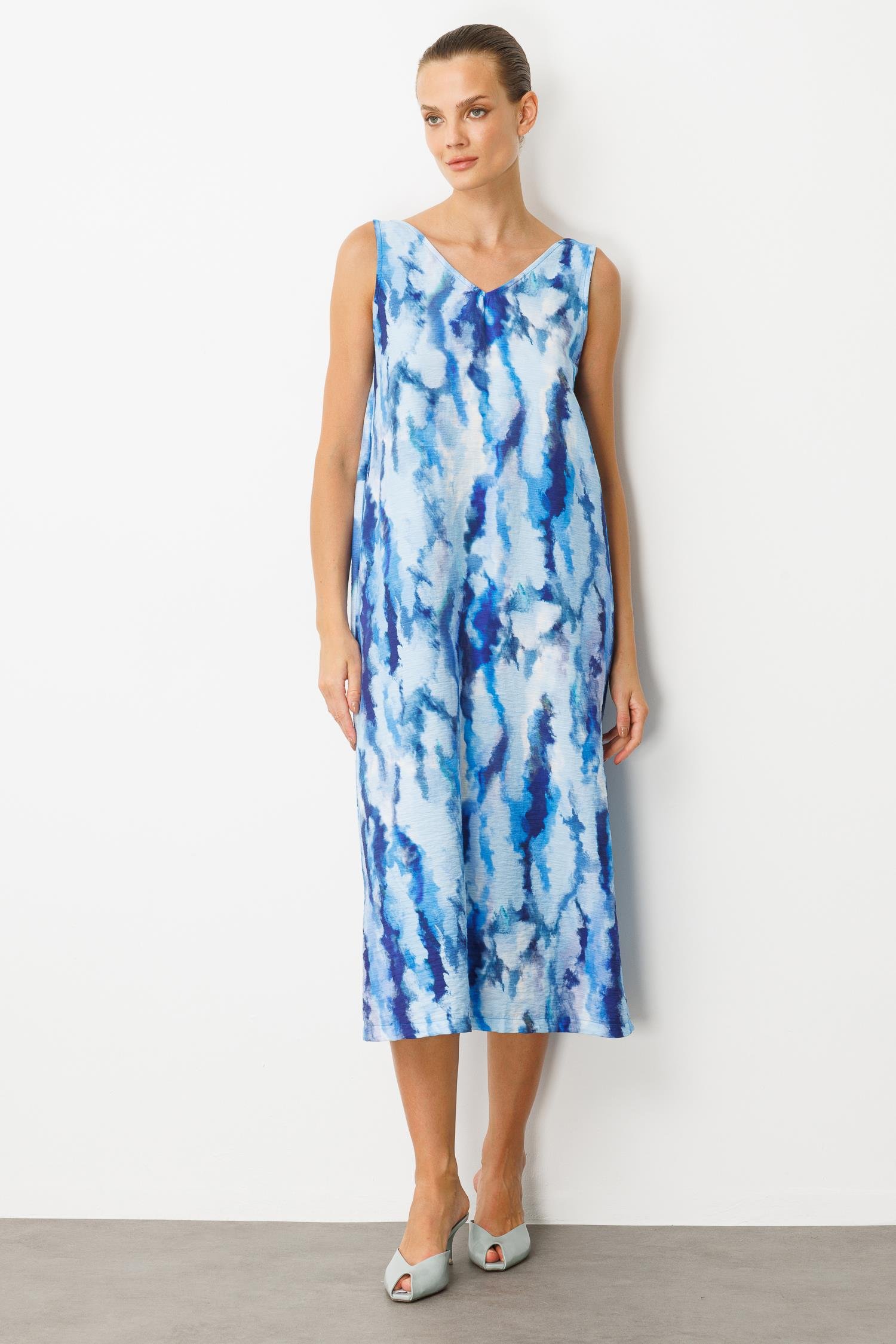 Batik Desenli Sırt Detay Elbise-İNDİGO