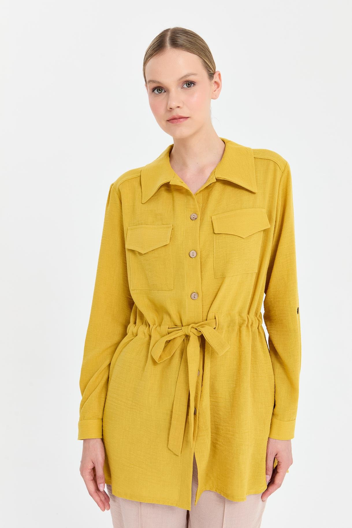 Beli Ayarlanabilir Cep Detaylı Keten Tunik - Y.YEŞİLİ