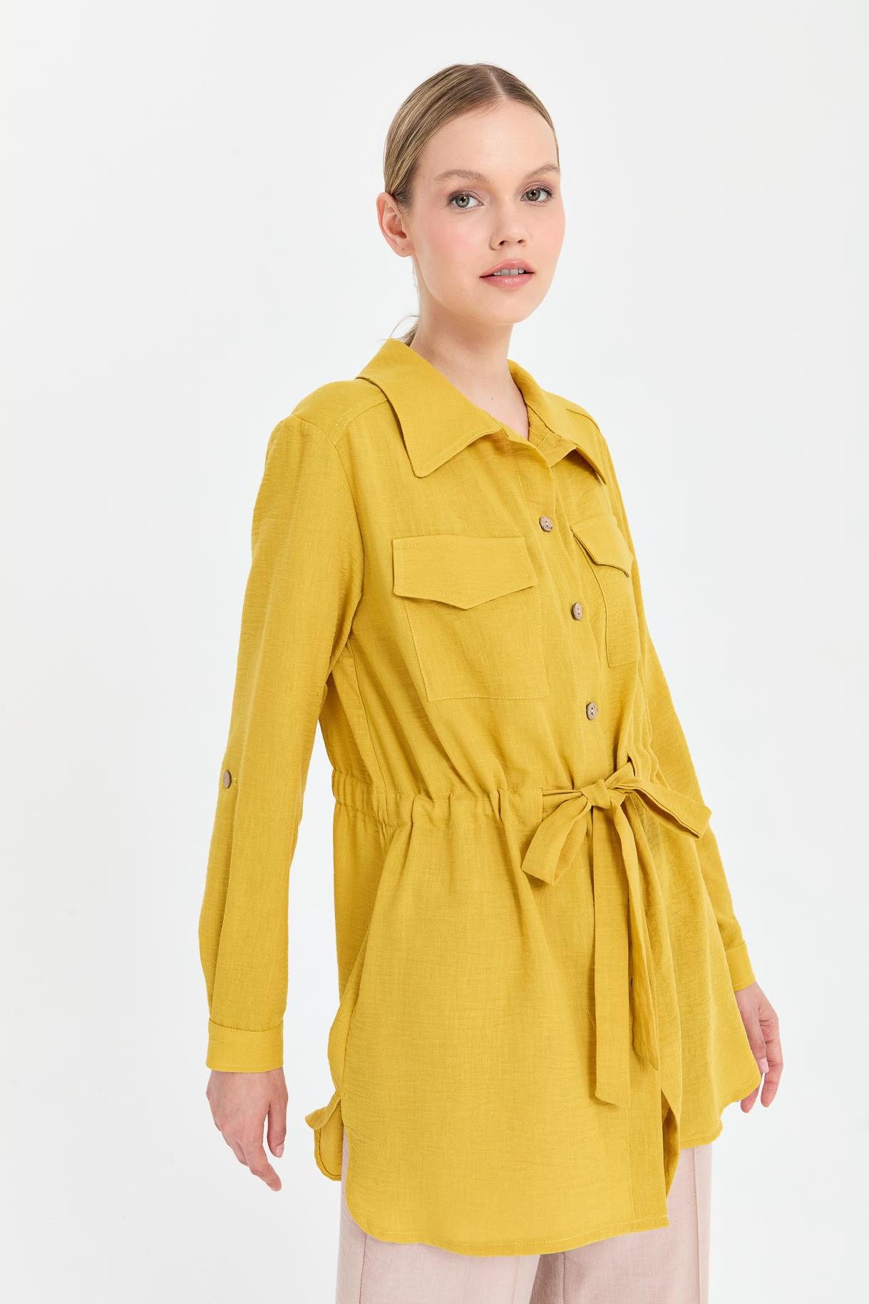 Beli Ayarlanabilir Cep Detaylı Keten Tunik - Y.YEŞİLİ