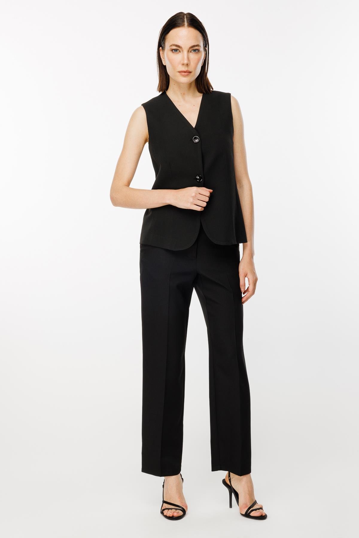 Beli Ayarlanabilir Düğmeli Krep Yelek - SİYAH