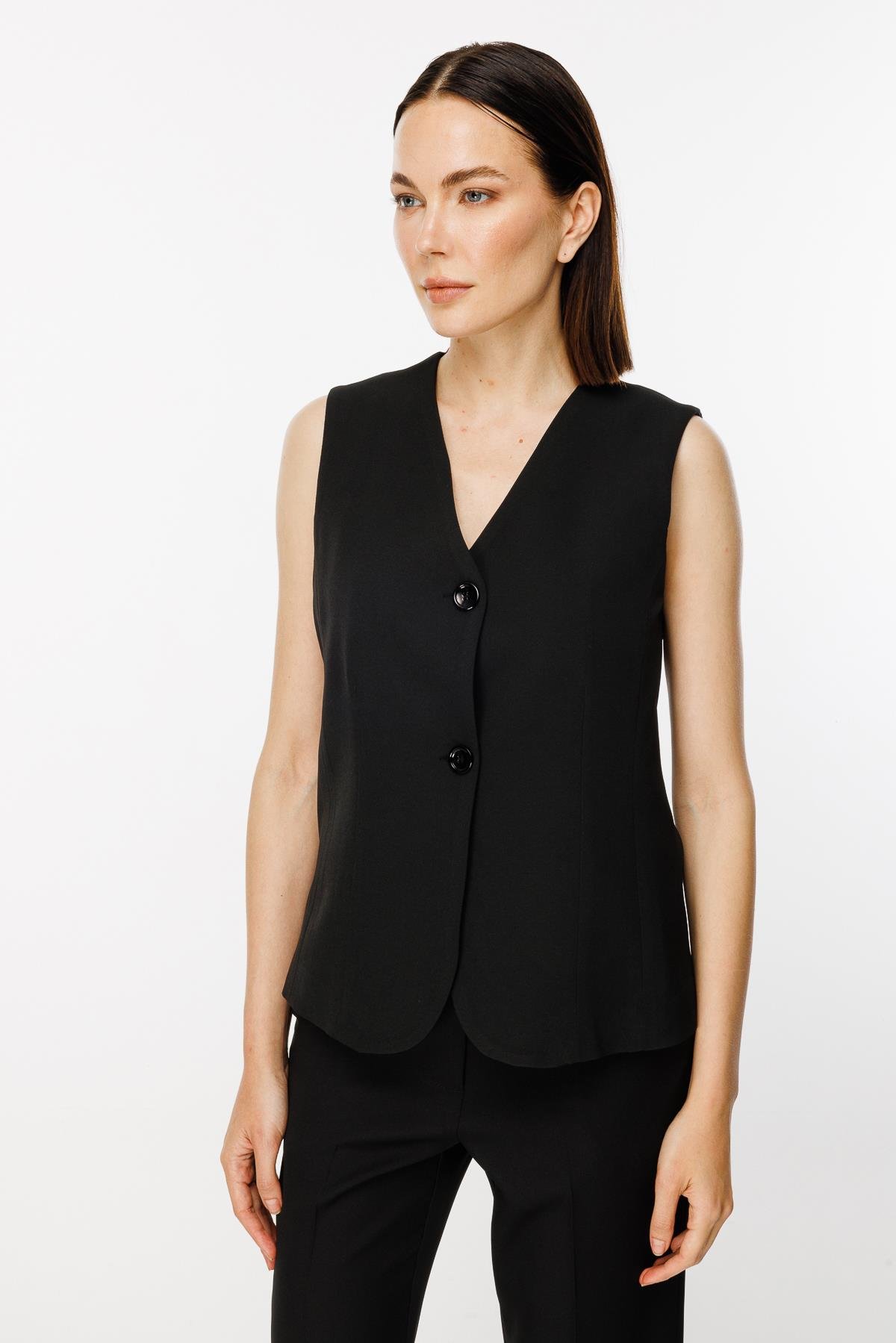 Beli Ayarlanabilir Düğmeli Krep Yelek - SİYAH