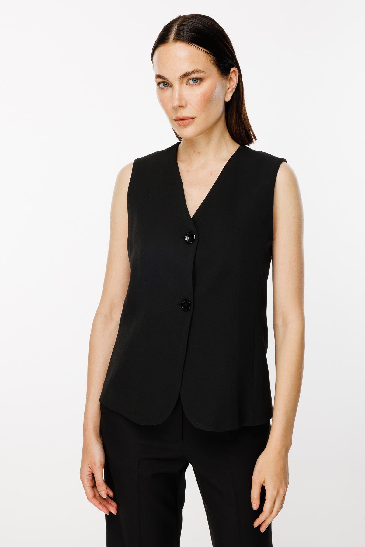 Beli Ayarlanabilir Düğmeli Krep Yelek - SİYAH