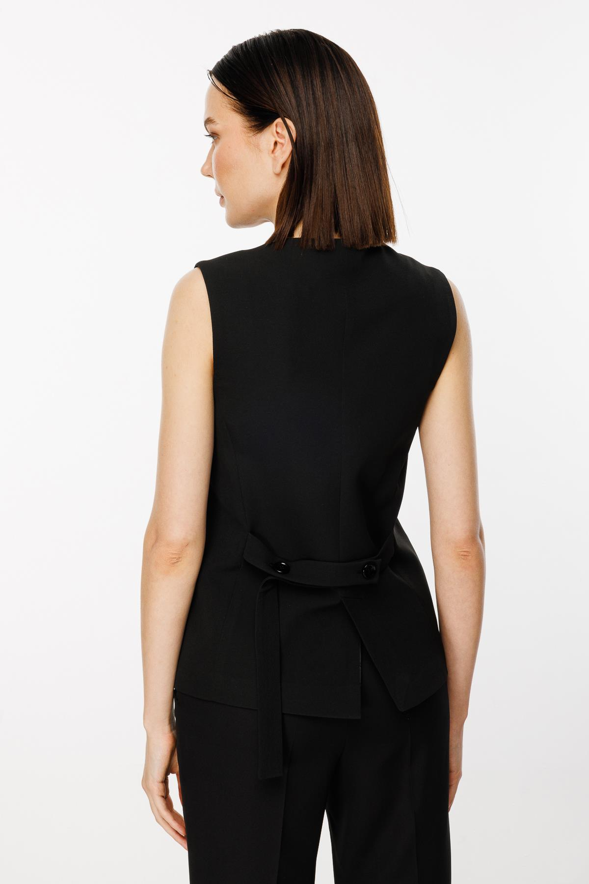 Beli Ayarlanabilir Düğmeli Krep Yelek - SİYAH