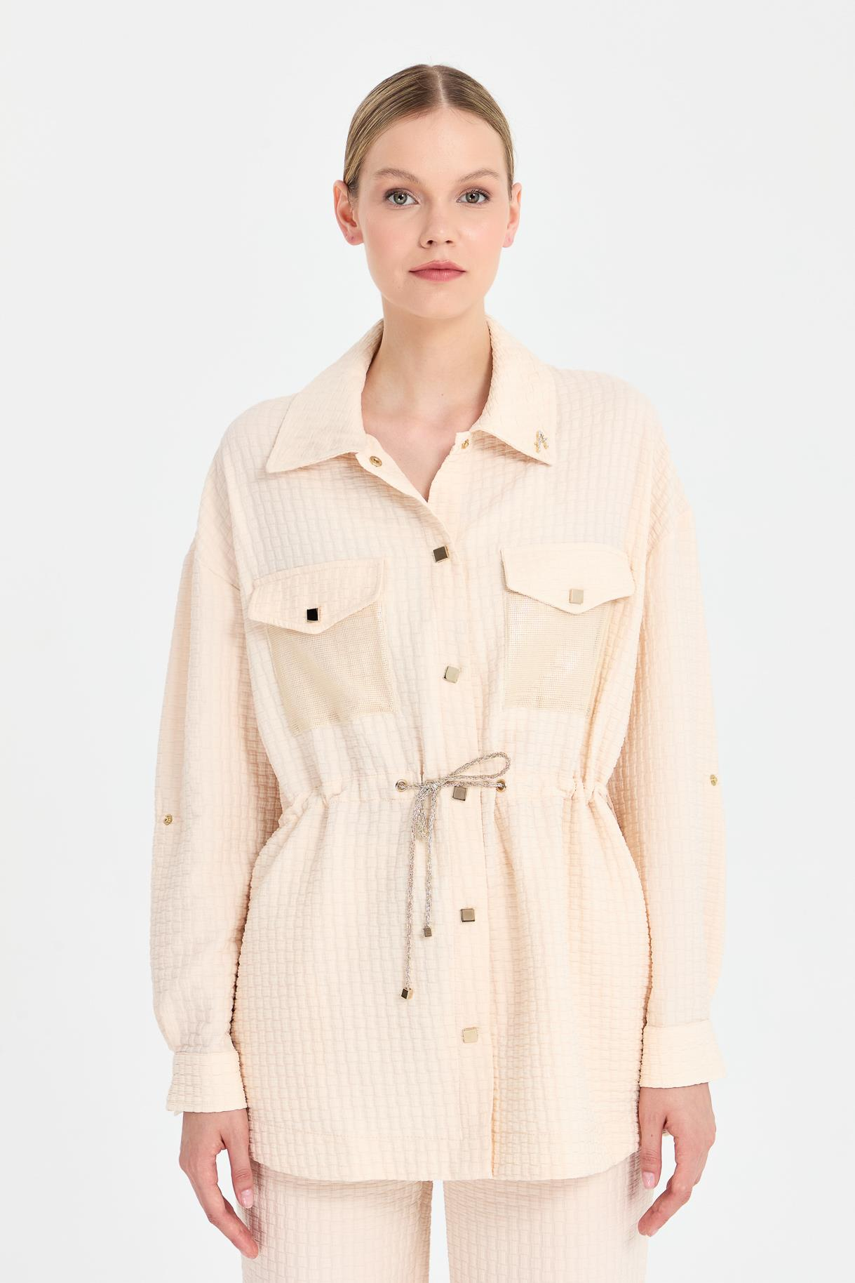 Beli Ayarlanabilir Gold İp ve Cep Detaylı Ceket - BEJ