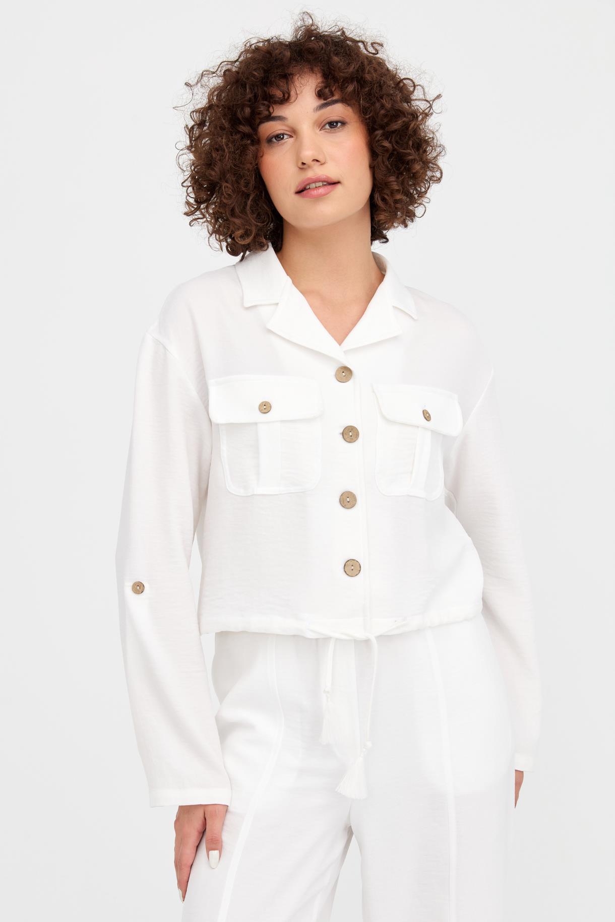 Beli Büzgülü Keten Crop Gömlek - BEYAZ