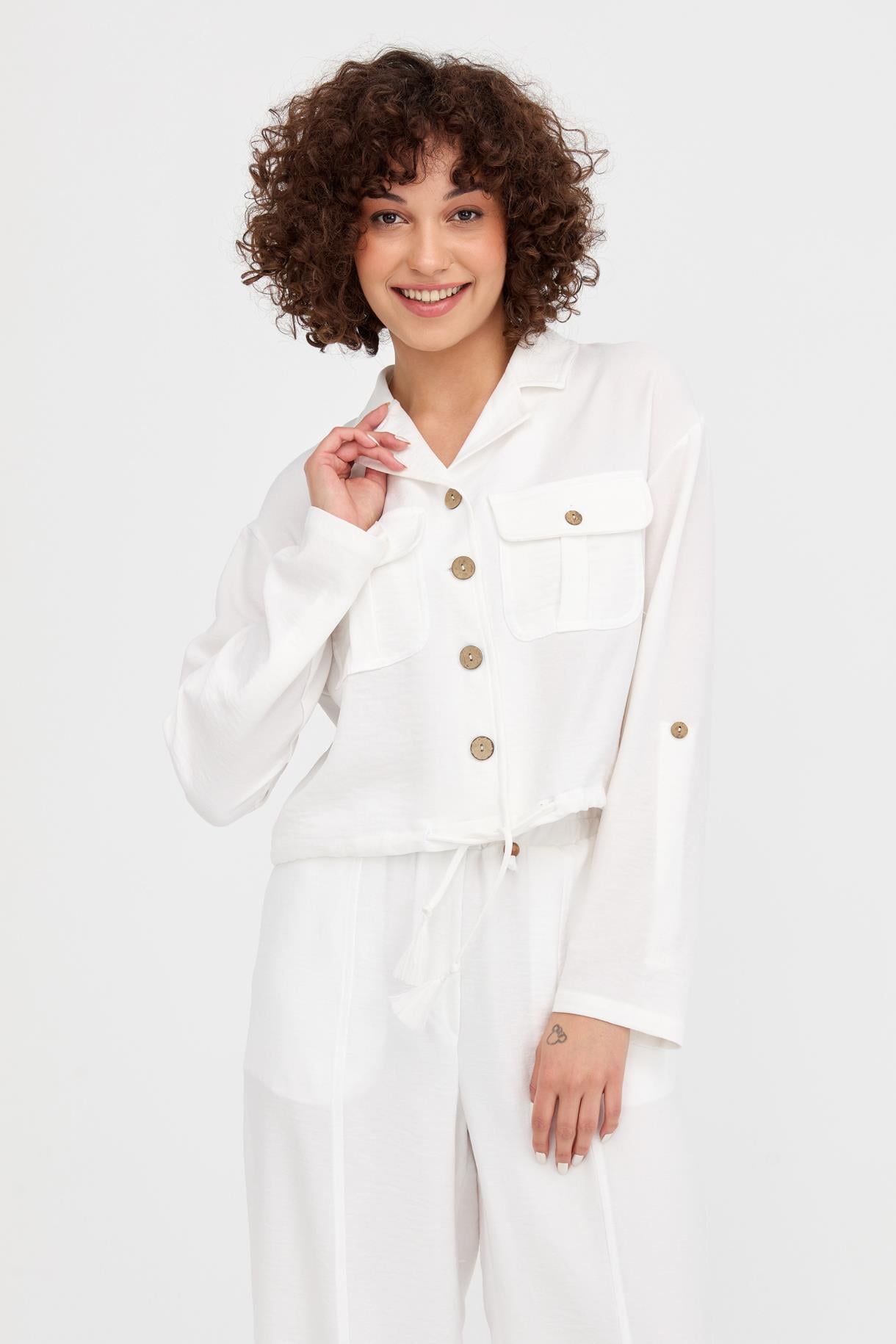 Beli Büzgülü Keten Crop Gömlek - BEYAZ