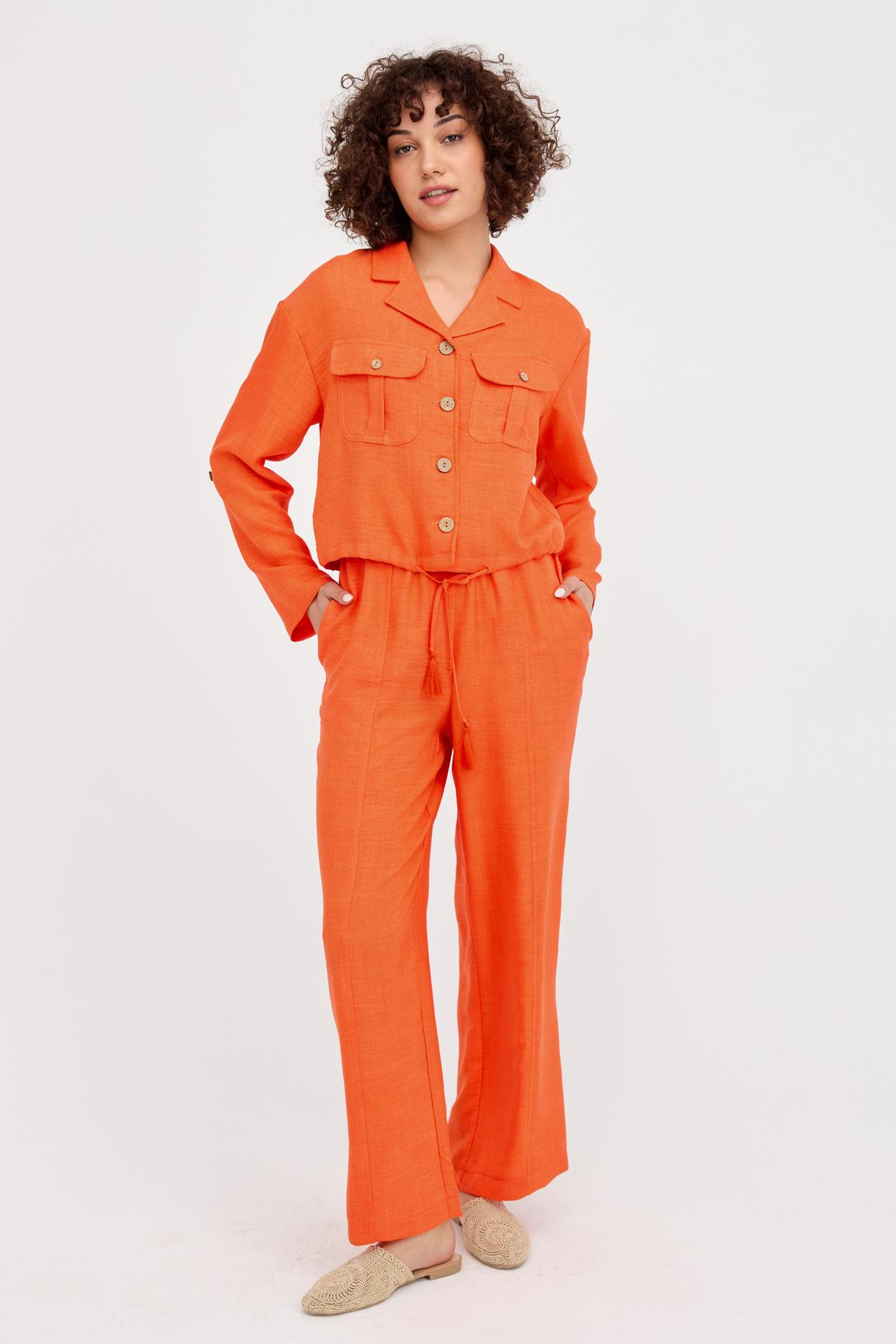 Beli Büzgülü Keten Crop Gömlek - ORANJE