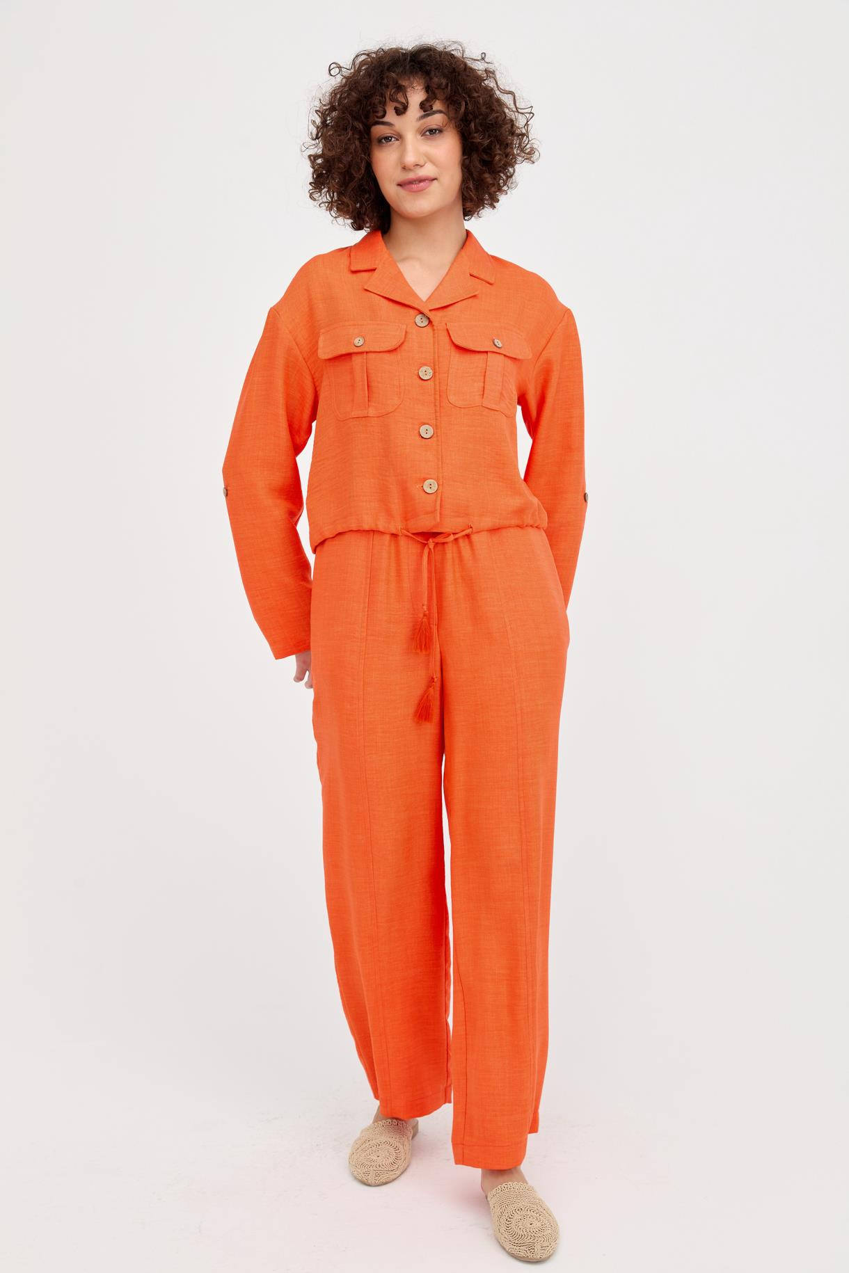 Beli Büzgülü Keten Crop Gömlek - ORANJE