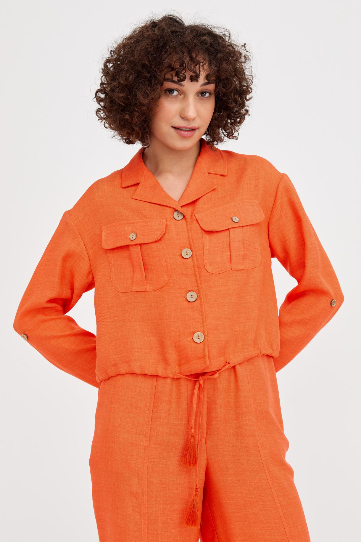 Beli Büzgülü Keten Crop Gömlek - ORANJE
