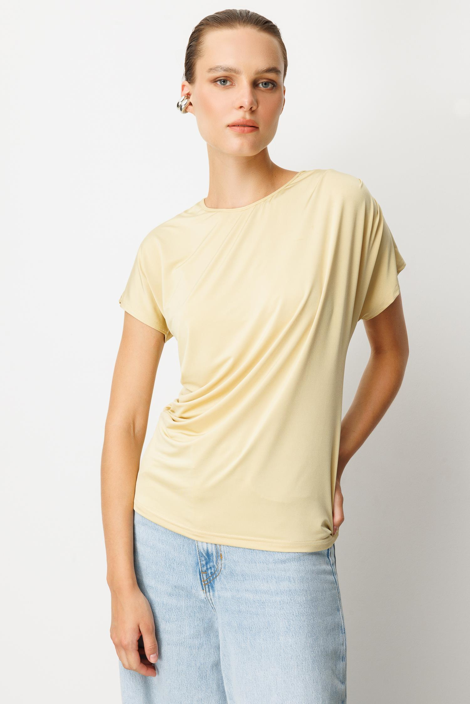 Beli Drape Detaylı Bluz-SARI