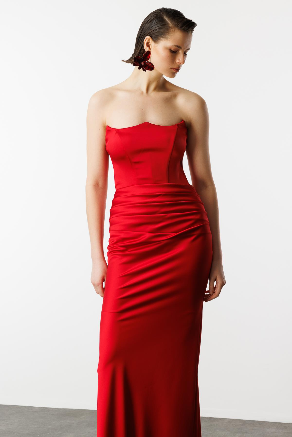 Beli Drapeli Abiye Elbise-KIRMIZI