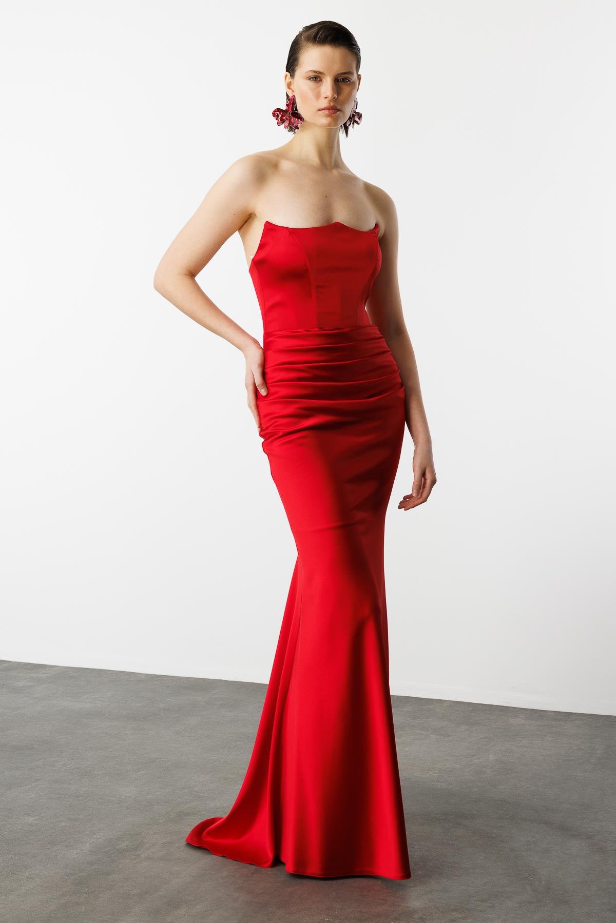 Beli Drapeli Abiye Elbise-KIRMIZI