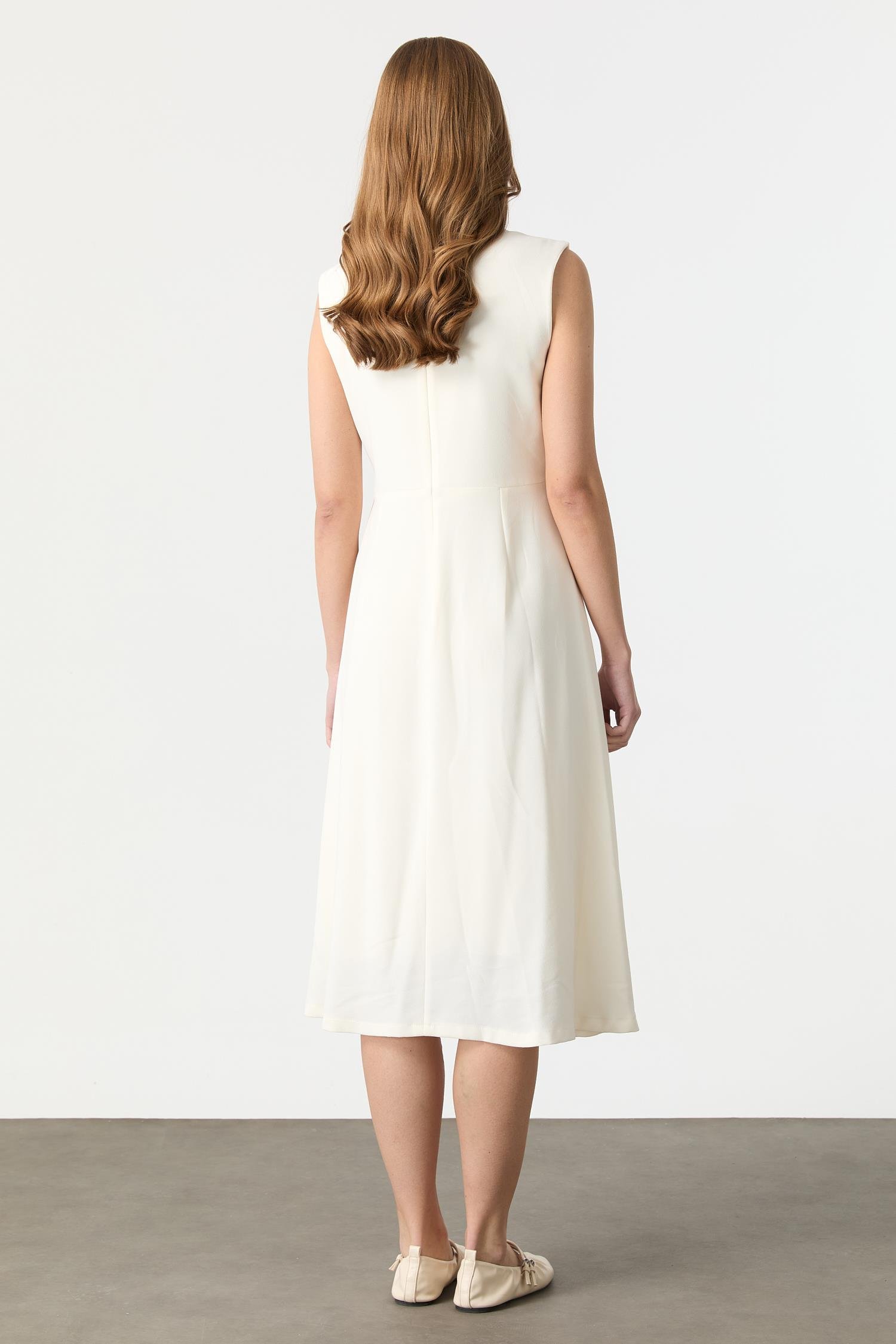 Beli Drapeli Tül Detay Krep Elbise-KEMIK