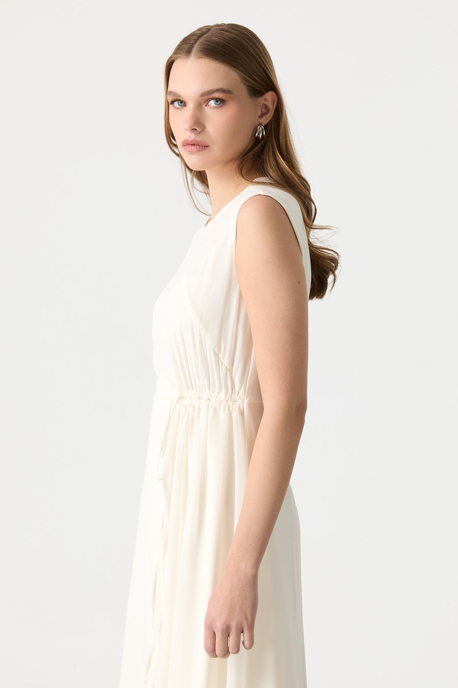 Beli Drapeli Tül Detay Krep Elbise-KEMIK