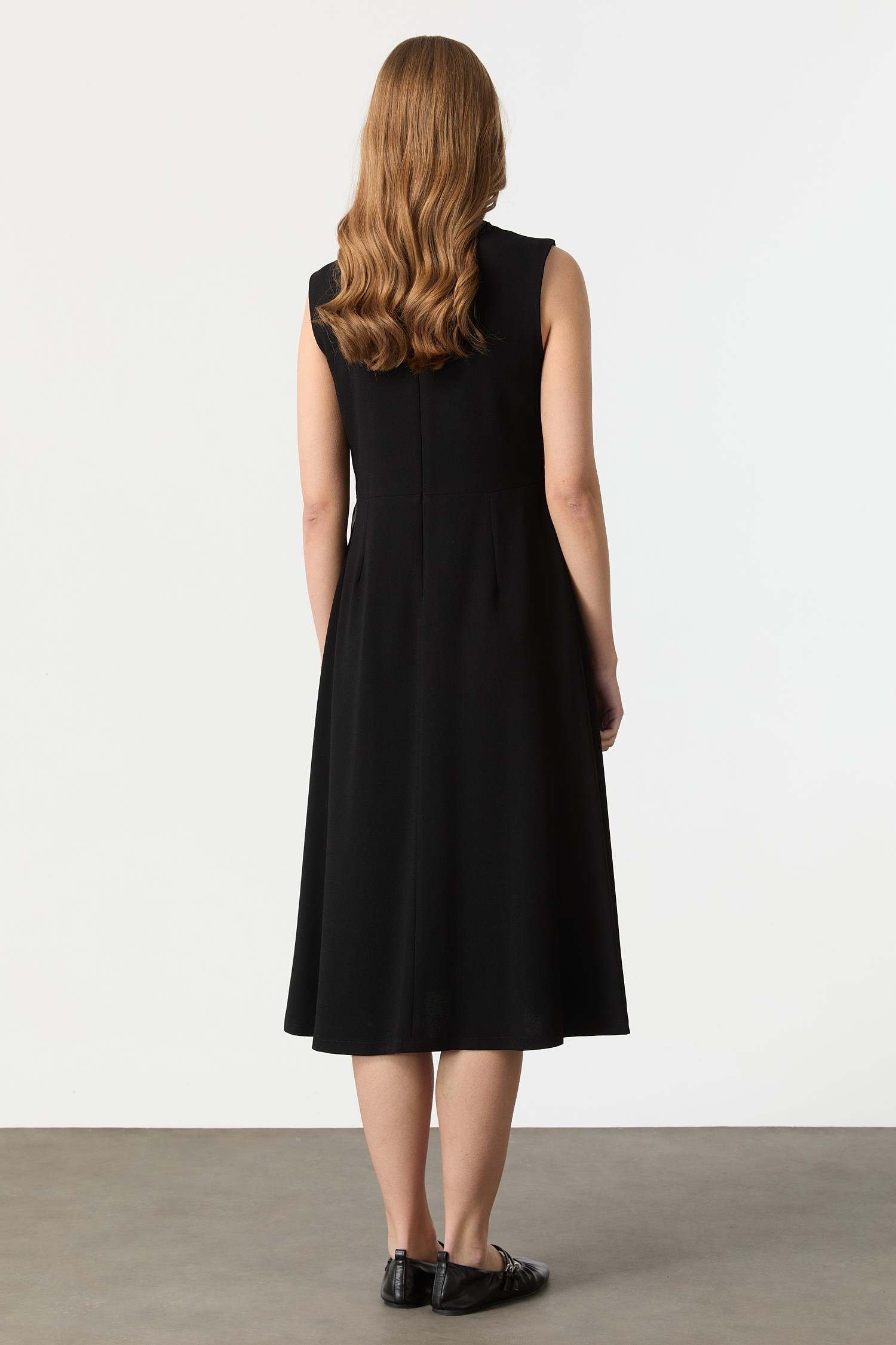 Beli Drapeli Tül Detay Krep Elbise-SİYAH