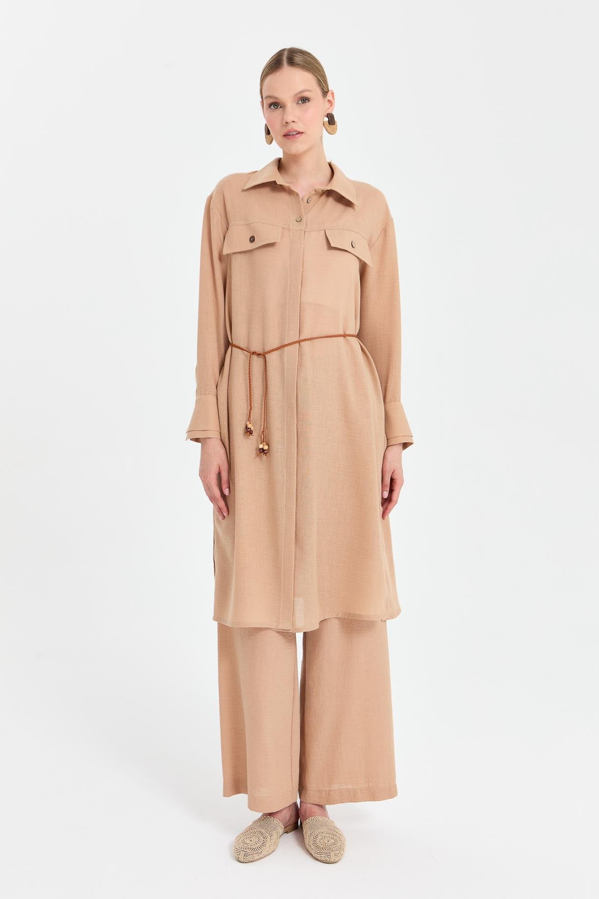 Beli İp Detaylı Uzun Keten Tunik - CAMEL