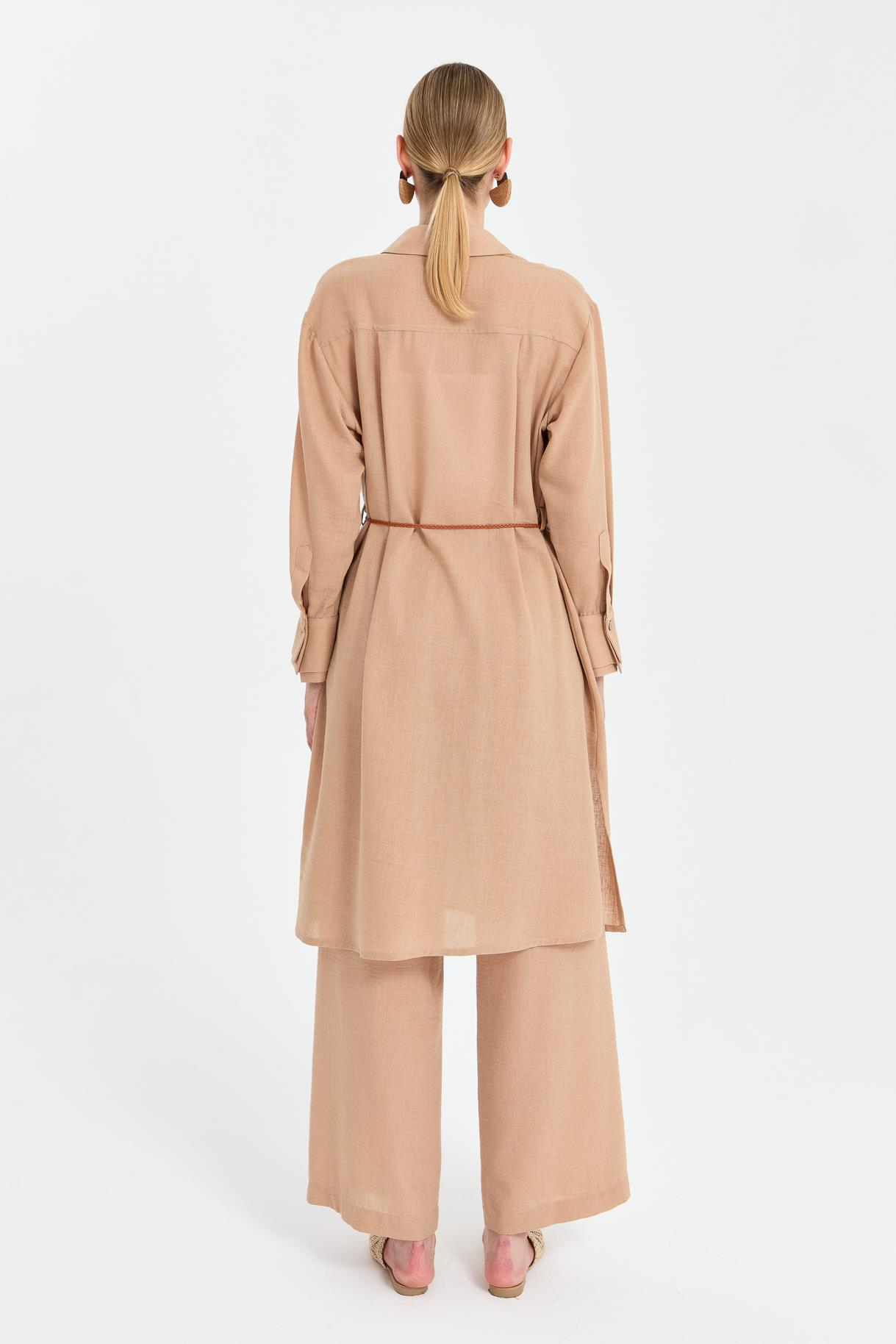 Beli İp Detaylı Uzun Keten Tunik - CAMEL
