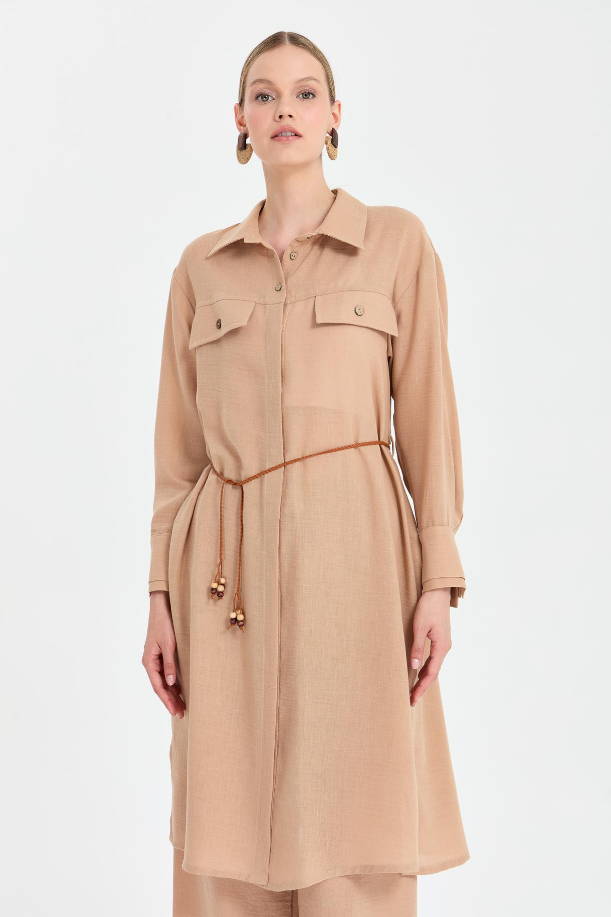 Beli İp Detaylı Uzun Keten Tunik - CAMEL