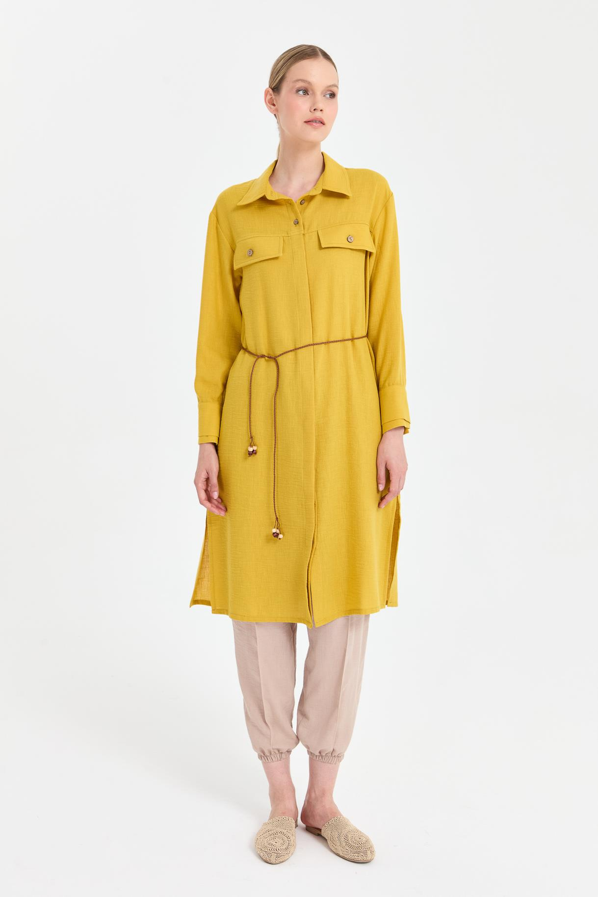 Beli İp Detaylı Uzun Keten Tunik - Y.YEŞİLİ