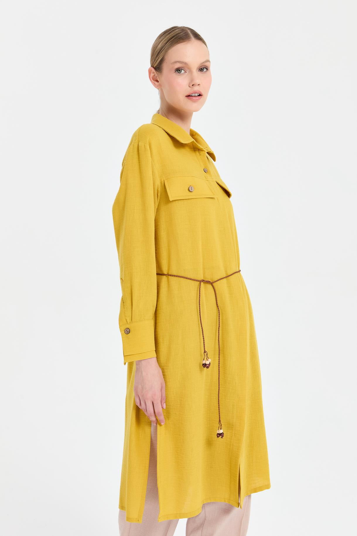 Beli İp Detaylı Uzun Keten Tunik - Y.YEŞİLİ