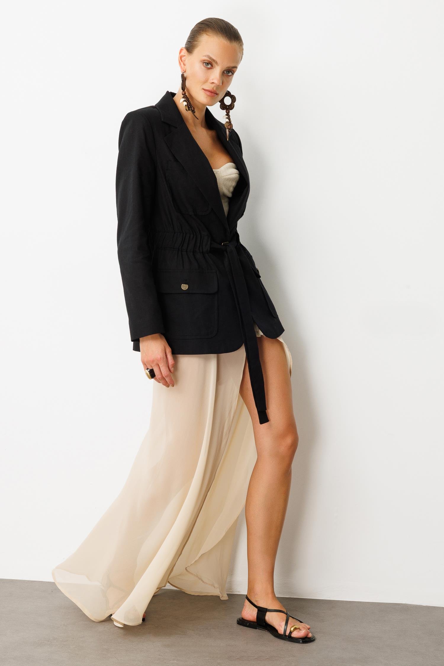 Beli Kuşaklı Keten Ceket-SİYAH