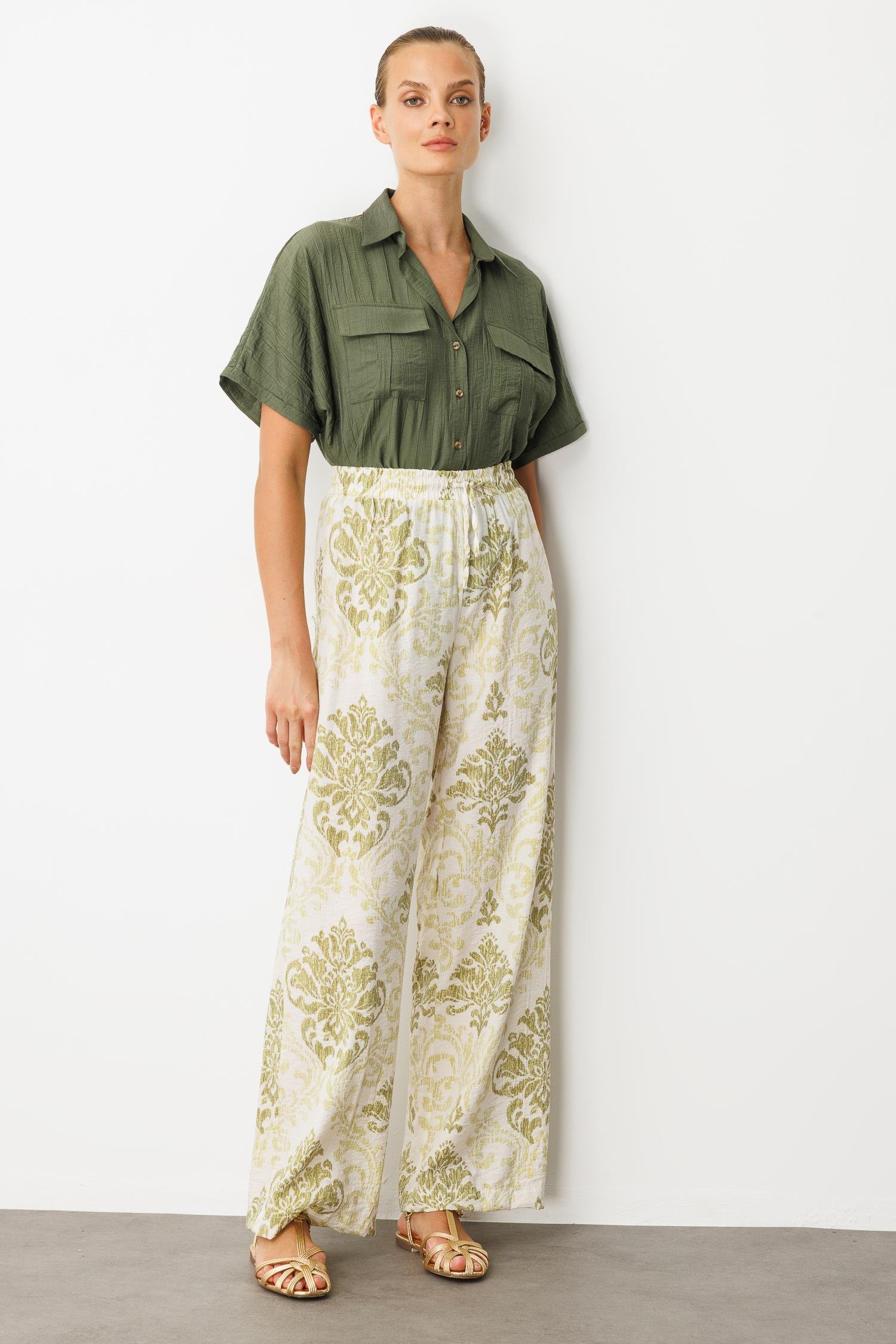 Beli Lastik Desenli Pantolon-YEŞİL