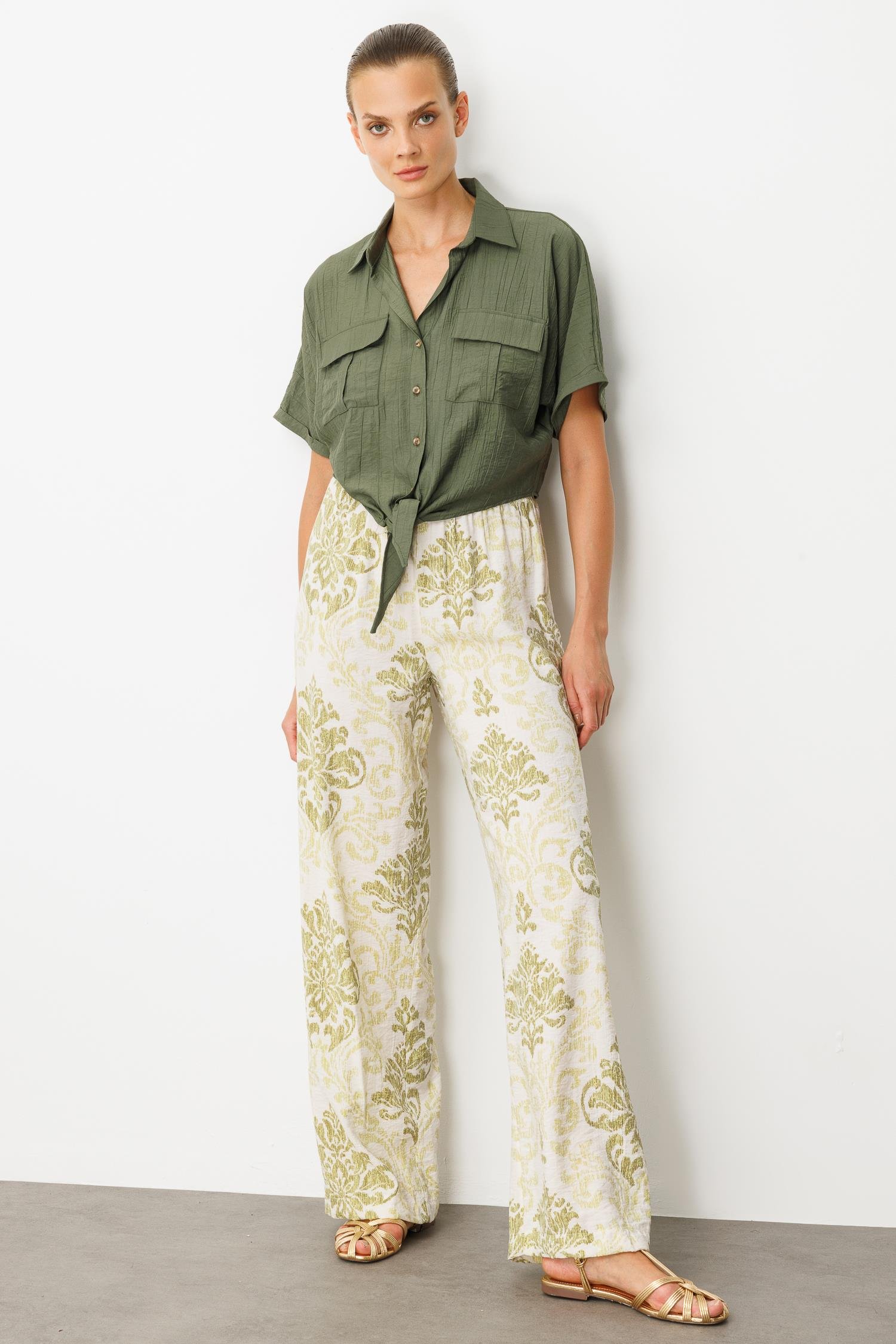 Beli Lastik Desenli Pantolon-YEŞİL