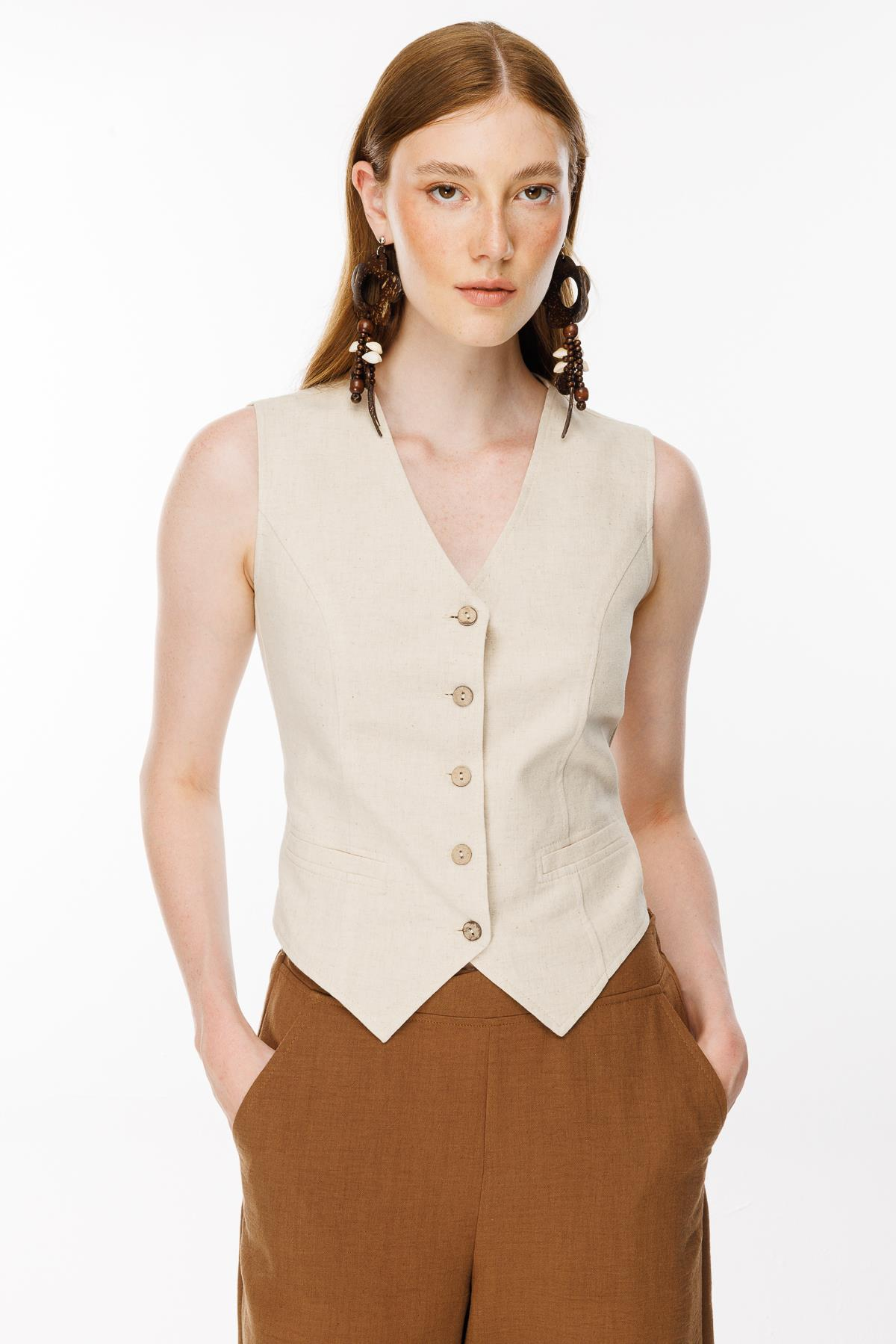 Beli Lastik Detaylı Keten Yelek - BEJ