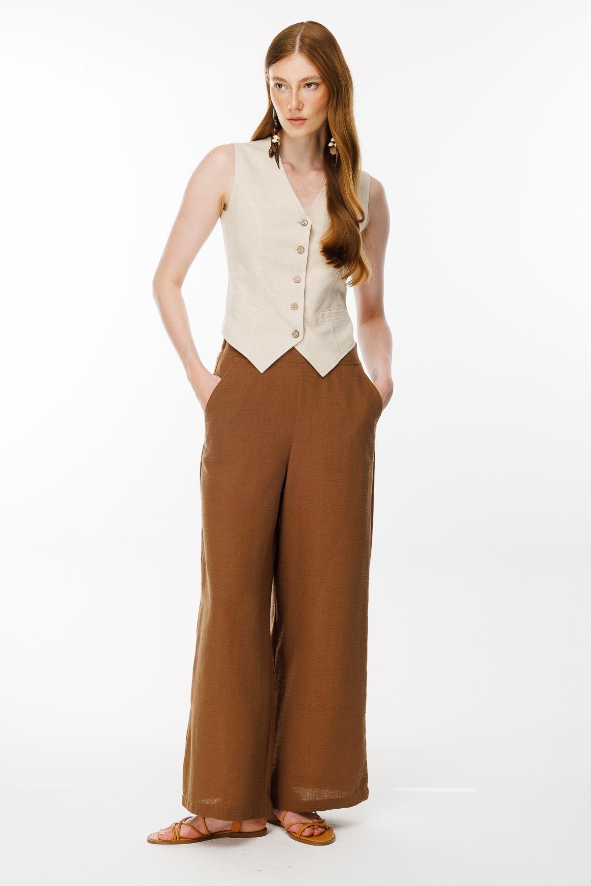 Beli Lastik Detaylı Keten Yelek - BEJ