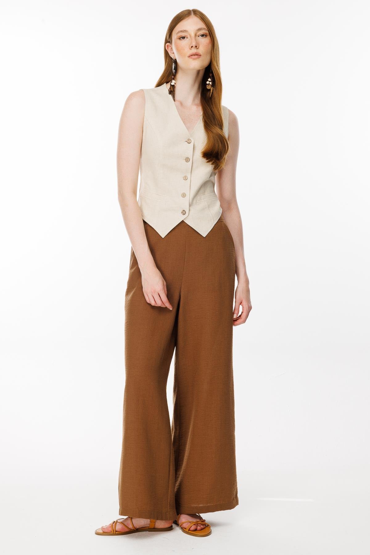 Beli Lastik Detaylı Keten Yelek - BEJ