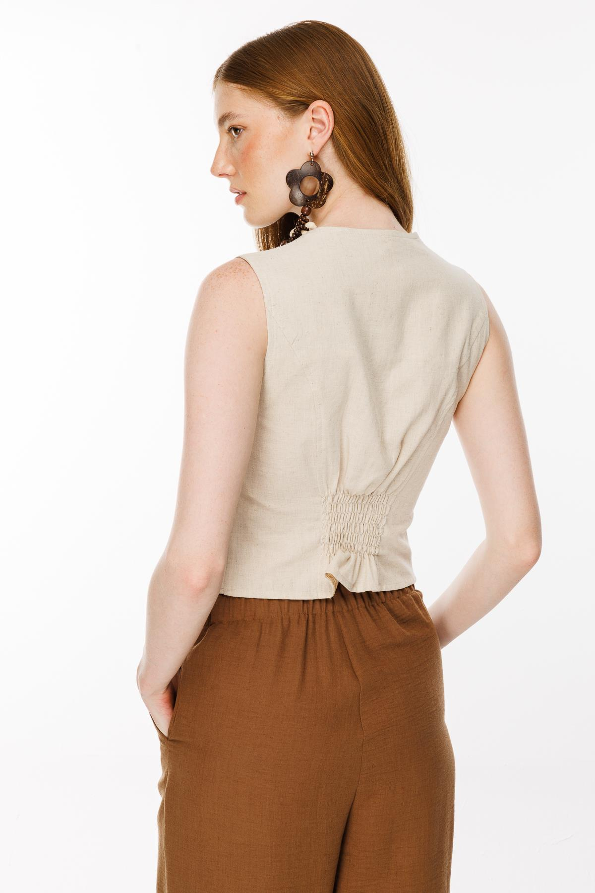 Beli Lastik Detaylı Keten Yelek - BEJ