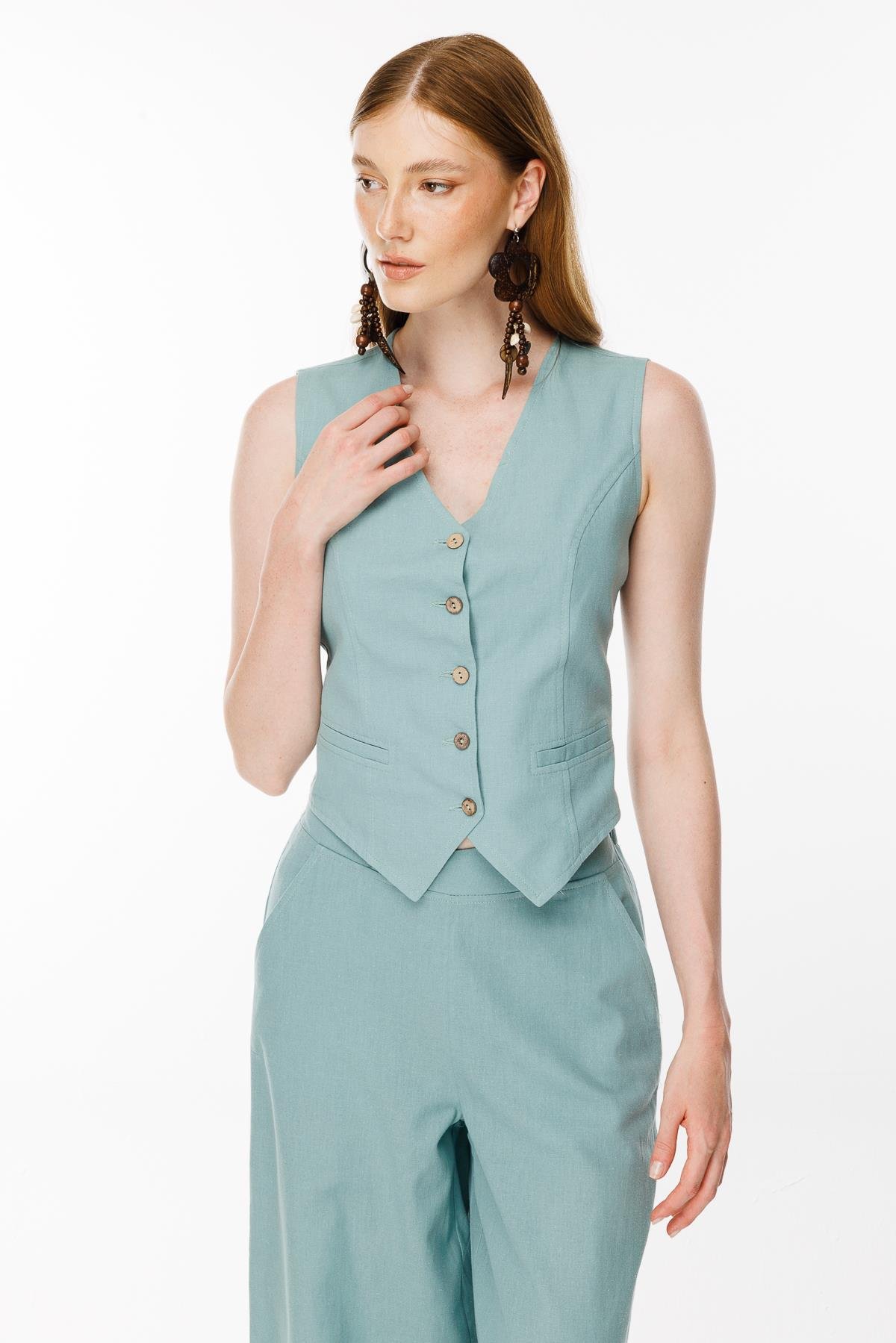 Beli Lastik Detaylı Keten Yelek - MINT