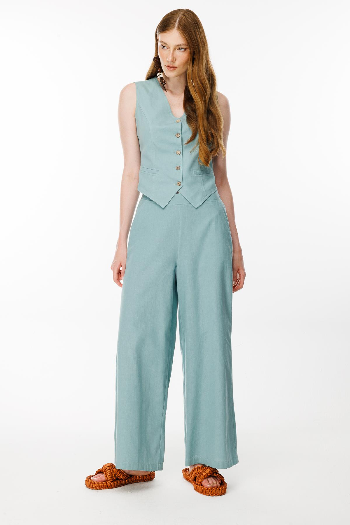 Beli Lastik Detaylı Keten Yelek - MINT