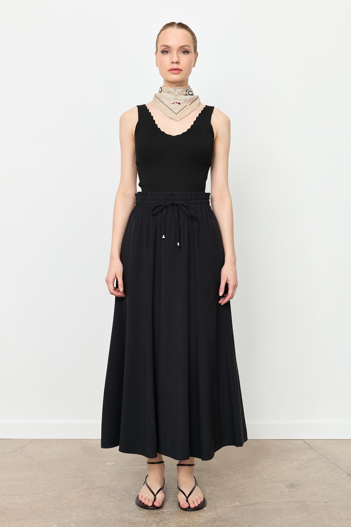 Beli Lastik Modal Uzun Etek-SİYAH