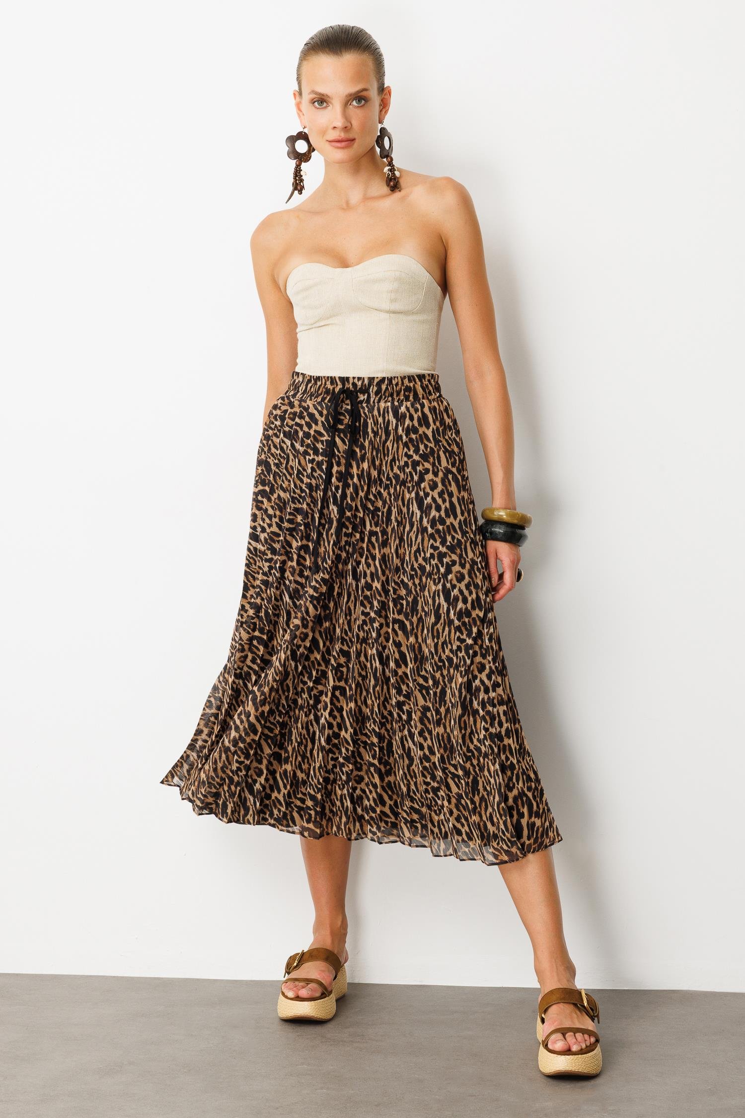 Beli Lastik Pileli Şifon Etek-KAHVE