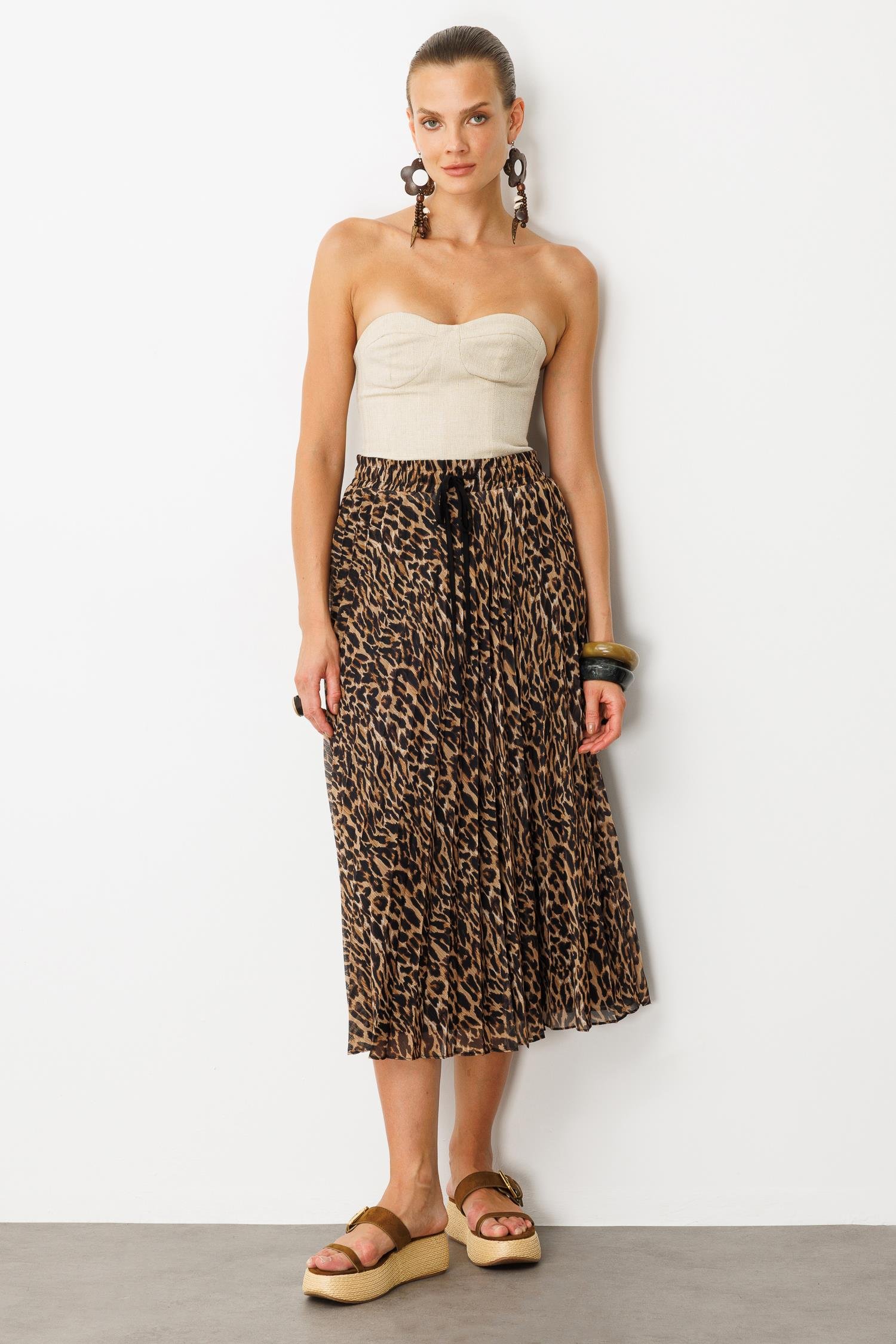 Beli Lastik Pileli Şifon Etek-KAHVE