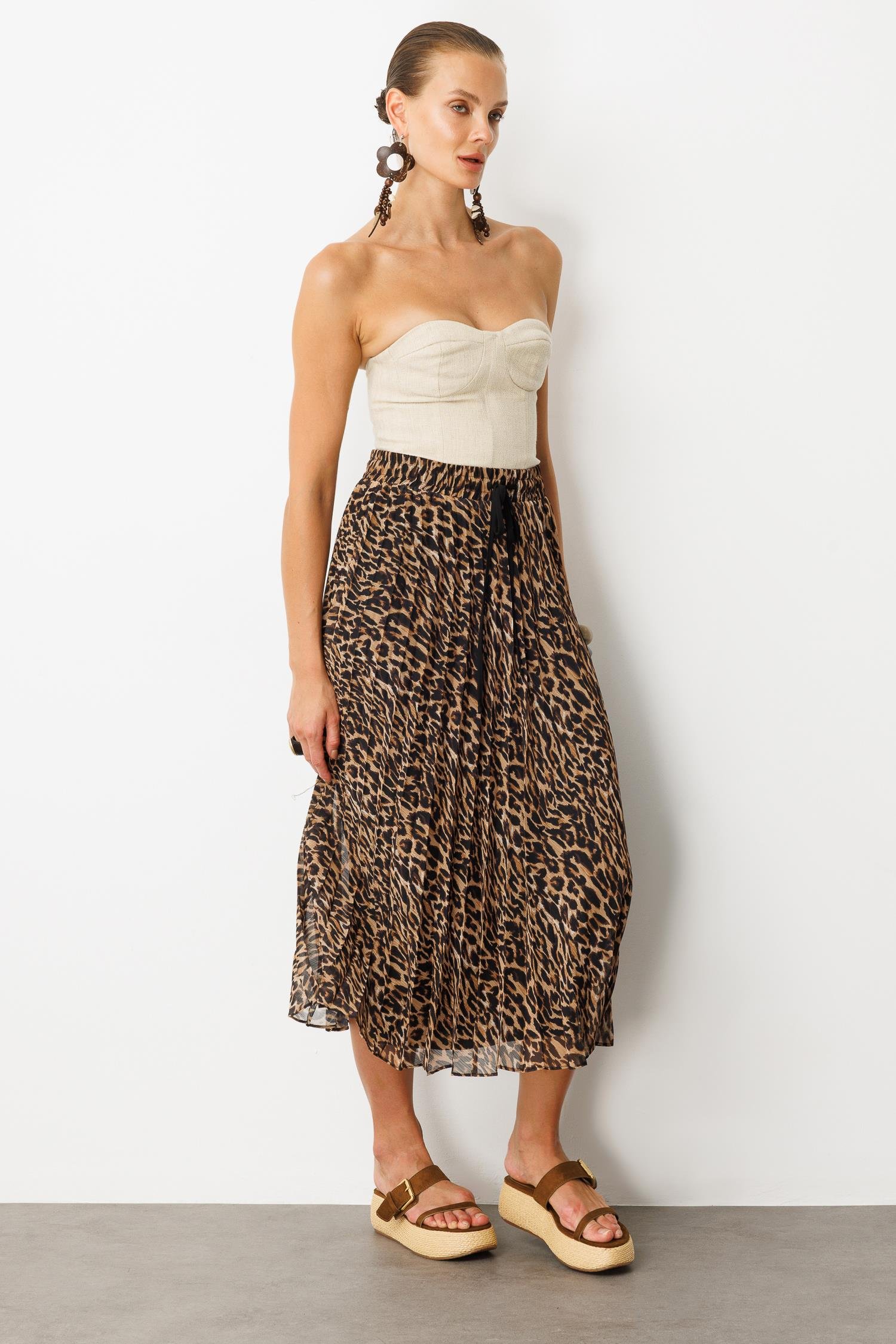 Beli Lastik Pileli Şifon Etek-KAHVE