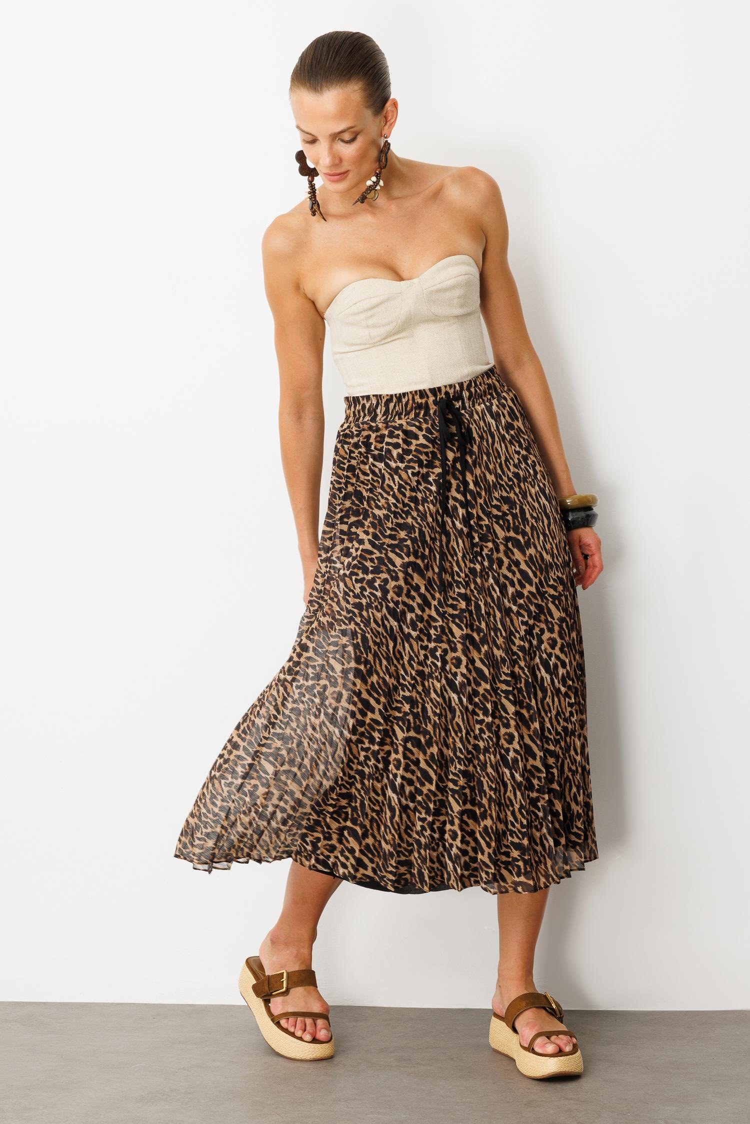 Beli Lastik Pileli Şifon Etek-KAHVE