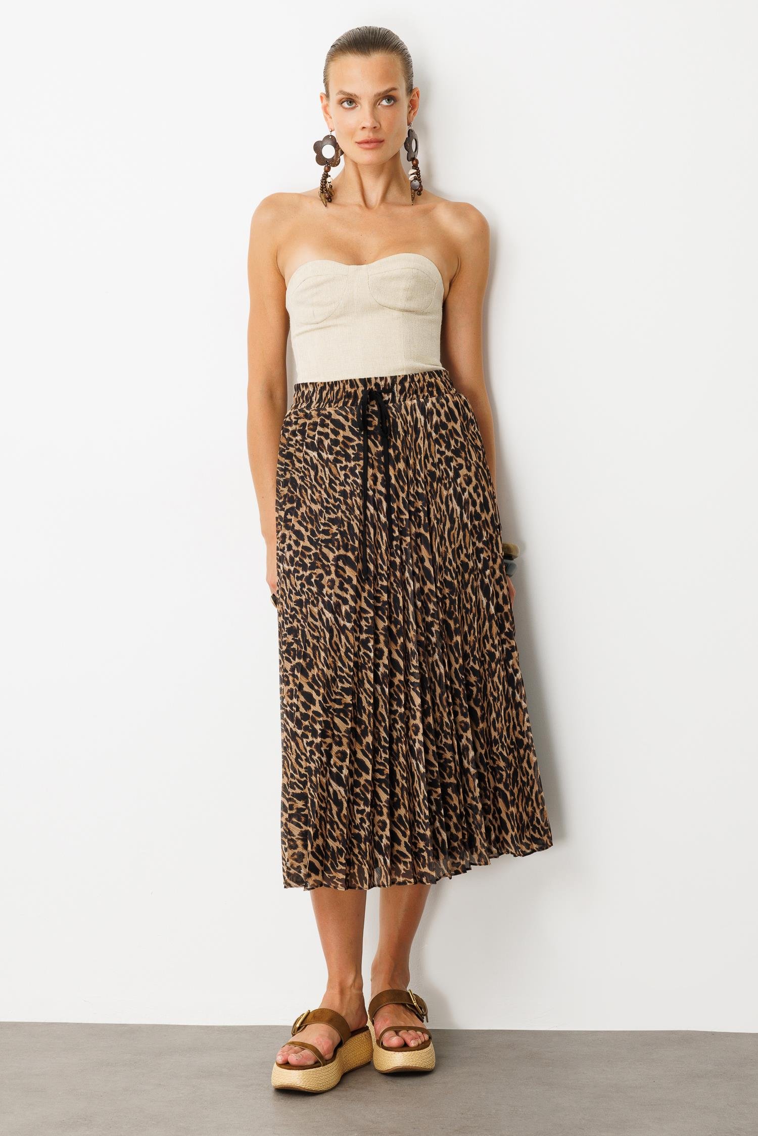 Beli Lastik Pileli Şifon Etek-KAHVE