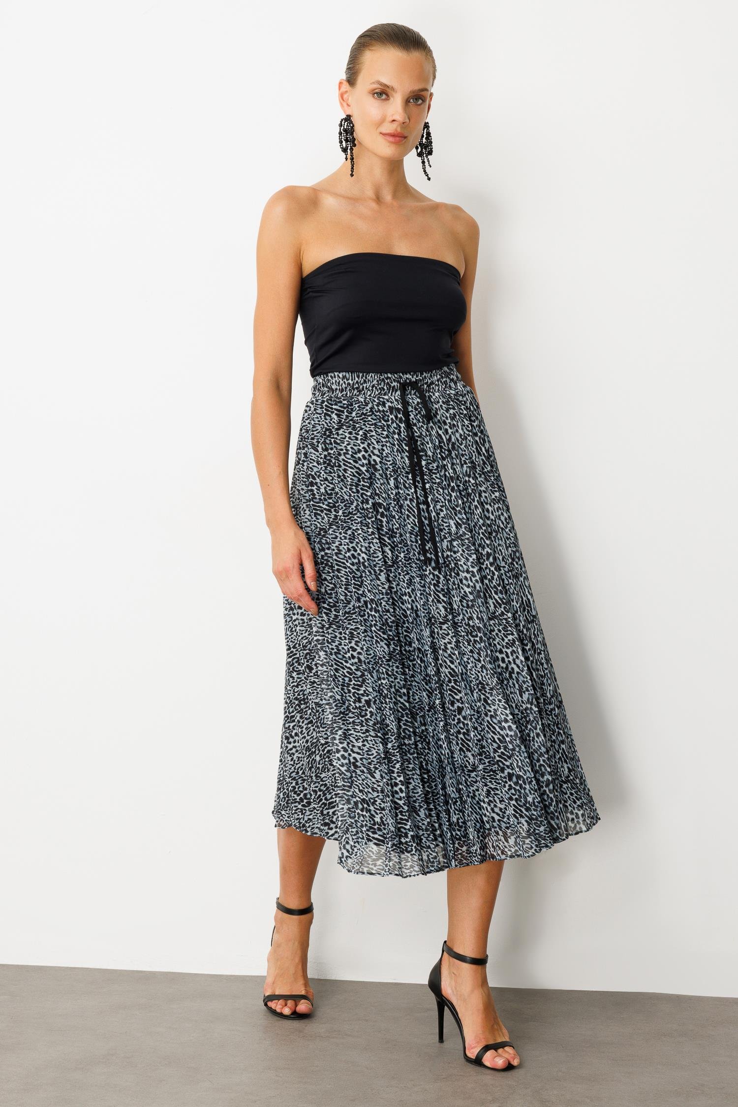 Beli Lastik Pileli Şifon Etek-SİYAH