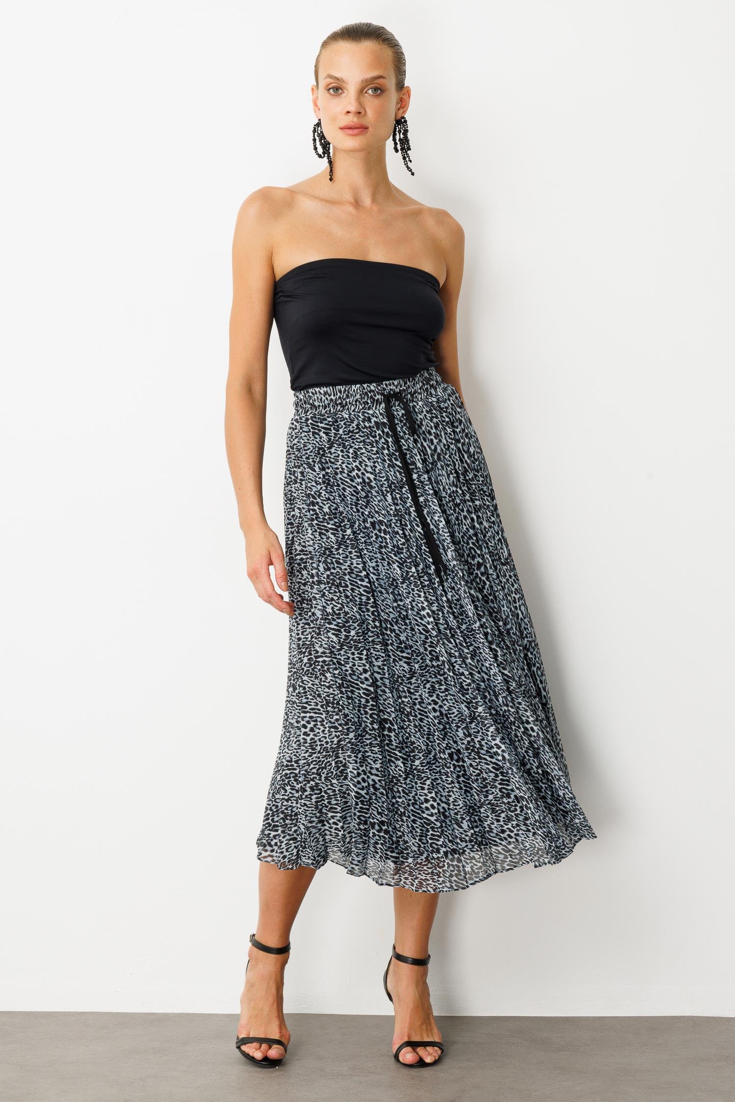 Beli Lastik Pileli Şifon Etek-SİYAH