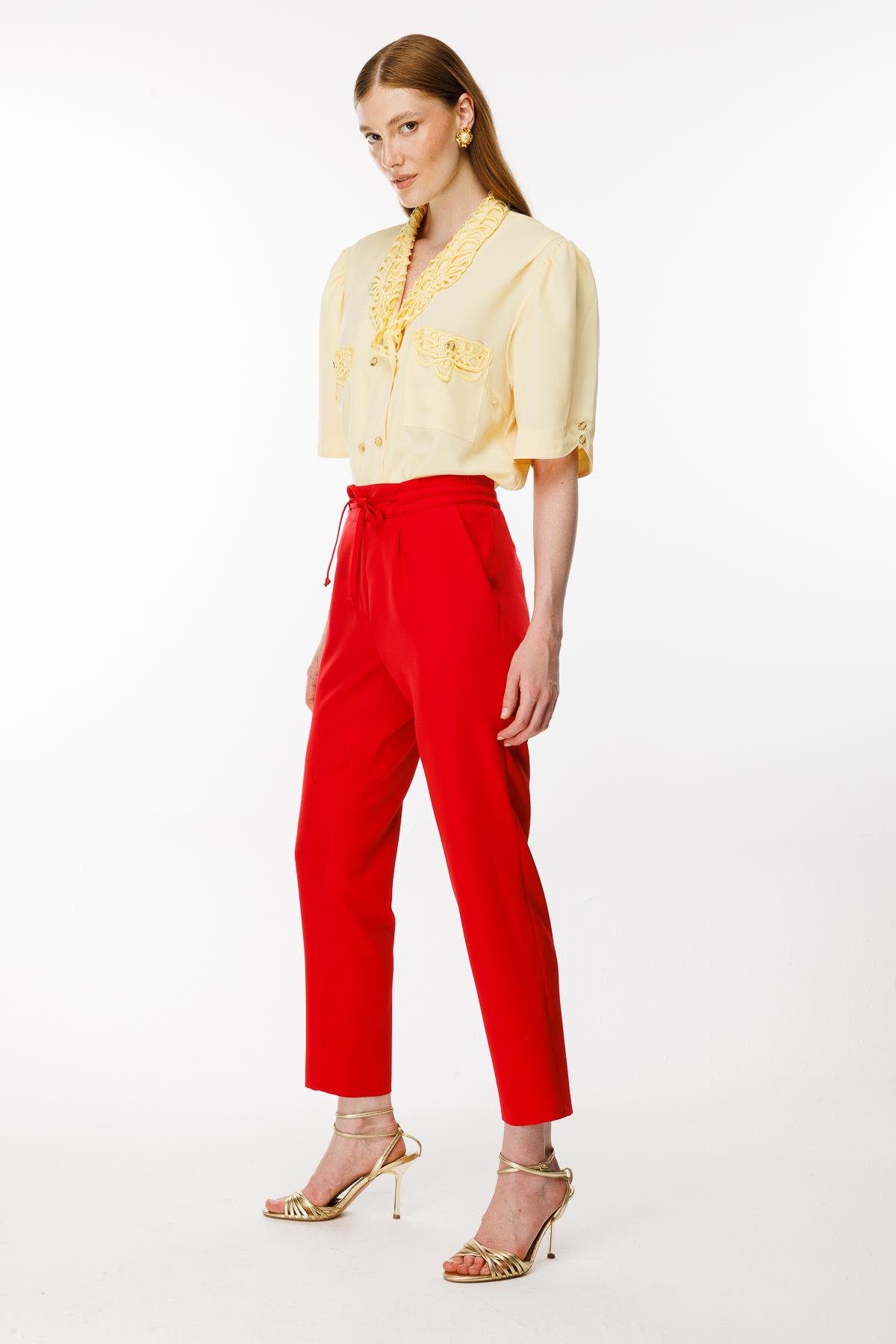 Beli Lastikli Bağcıklı Pantolon - KIRMIZI