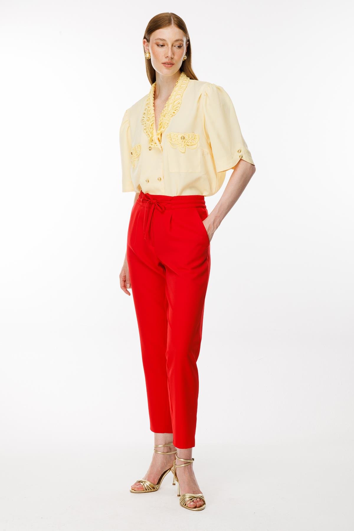 Beli Lastikli Bağcıklı Pantolon - KIRMIZI