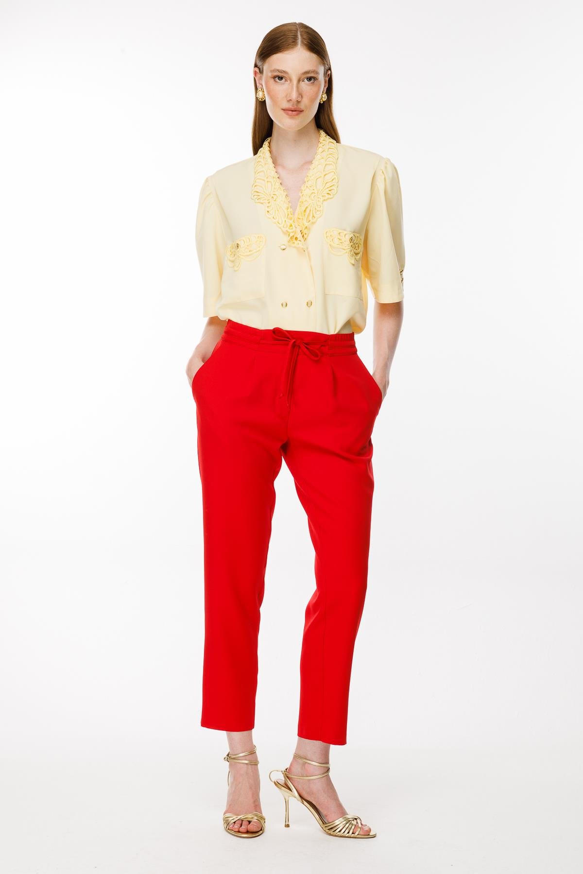 Beli Lastikli Bağcıklı Pantolon - KIRMIZI