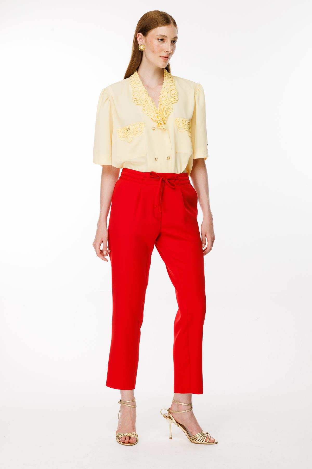 Beli Lastikli Bağcıklı Pantolon - KIRMIZI