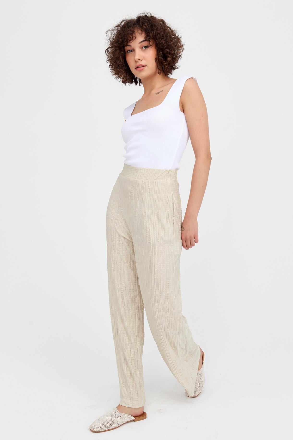 Beli Lastikli Bol Paça Bürümcük Pantolon - BEJ